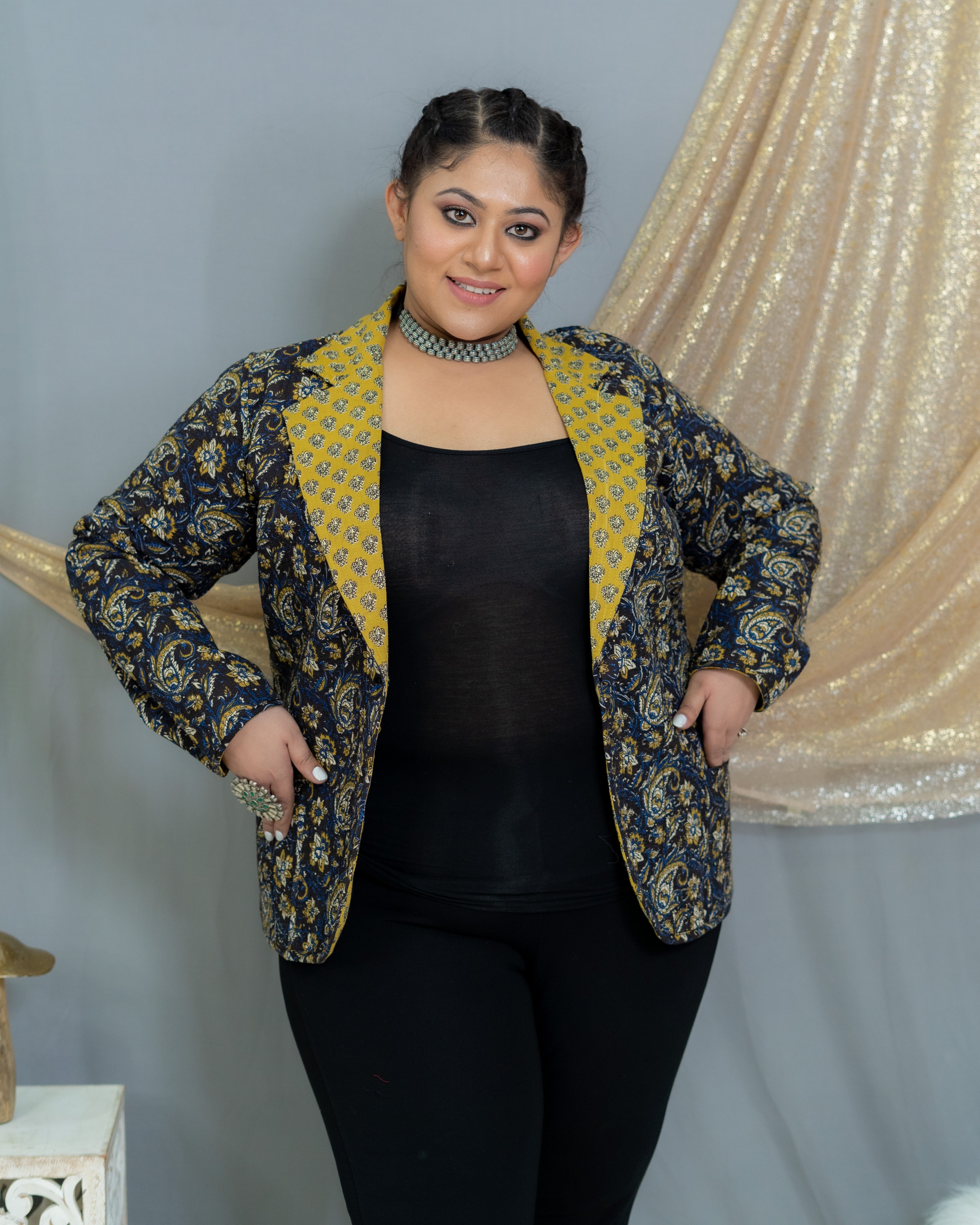 Black & Mustard Bagru Kalamkari Handblock Printed Reversible Quilted Blazer