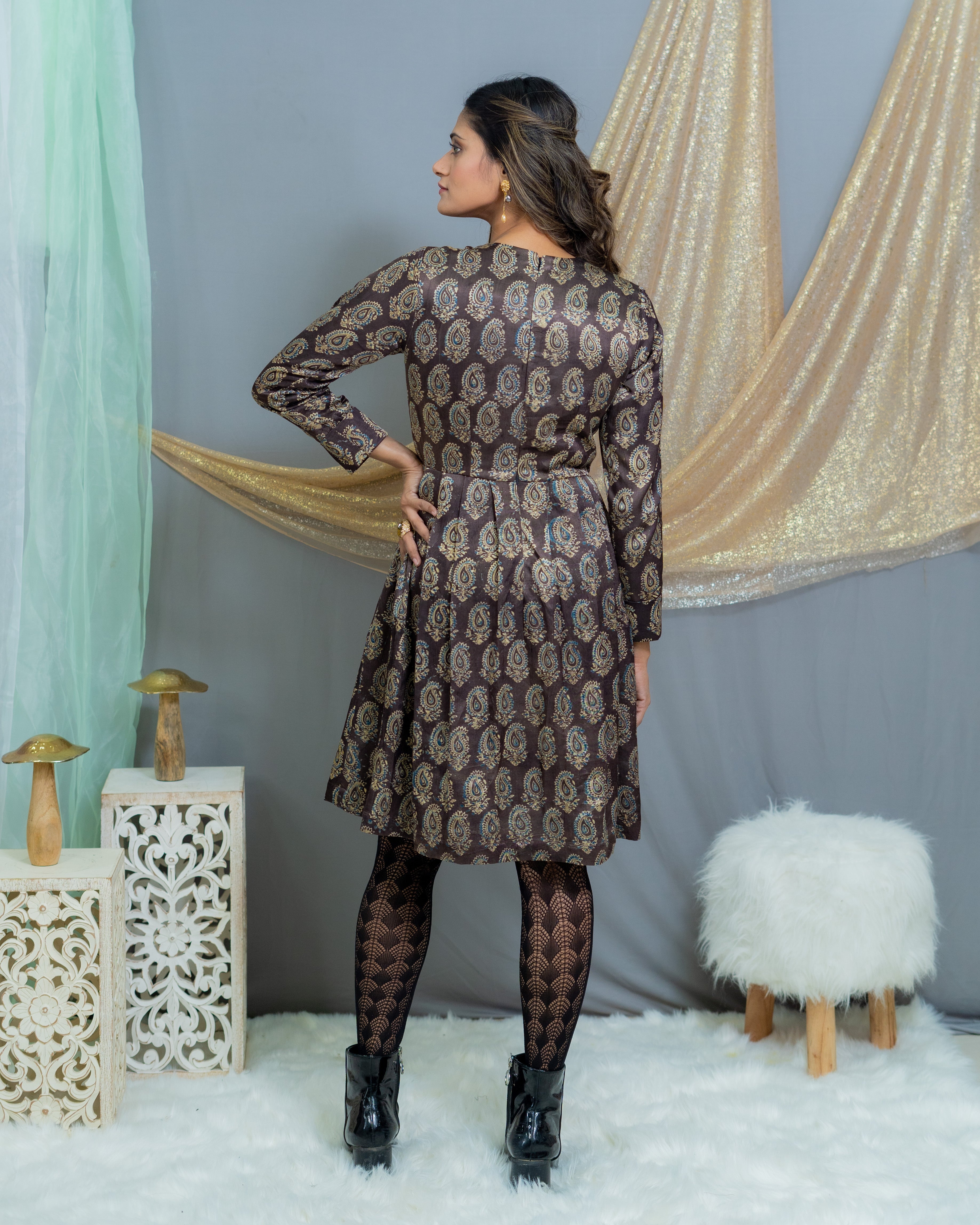 Black Ajrakh Handblock Printed Mashru silk Pleated Dress