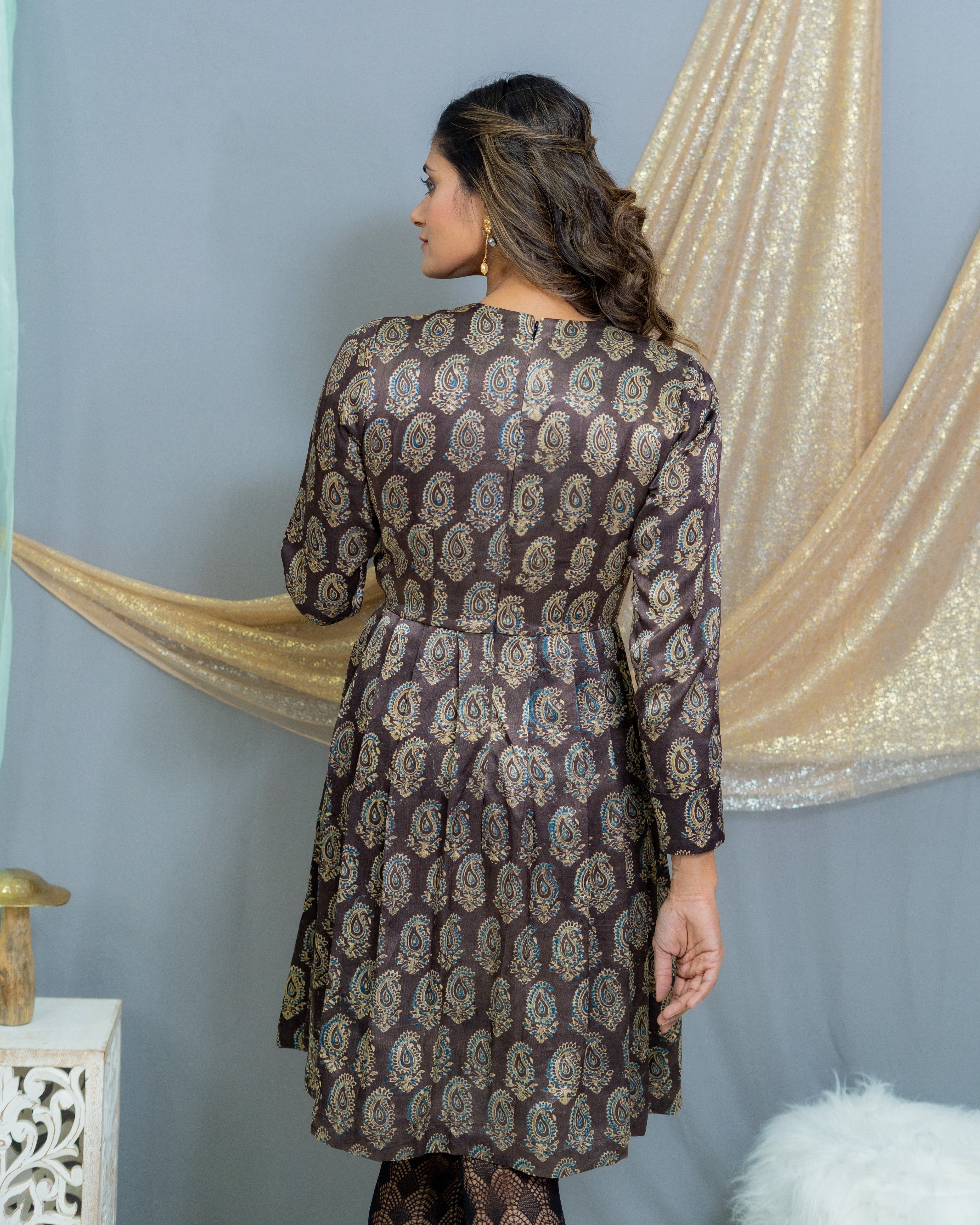 Black Ajrakh Handblock Printed Mashru silk Pleated Dress