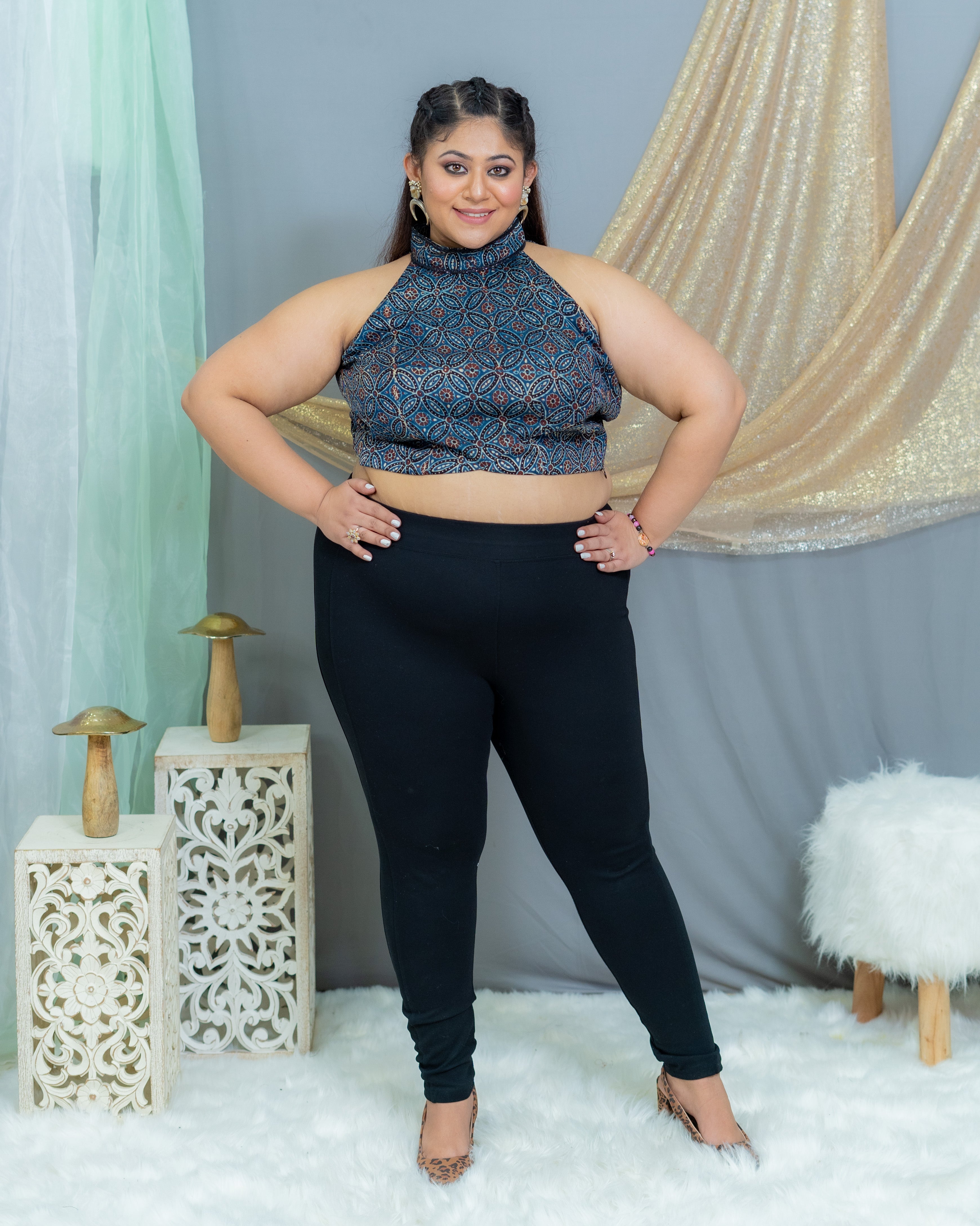 Indigo Modal Silk Ajrakh Handblock printed halter neck crop top