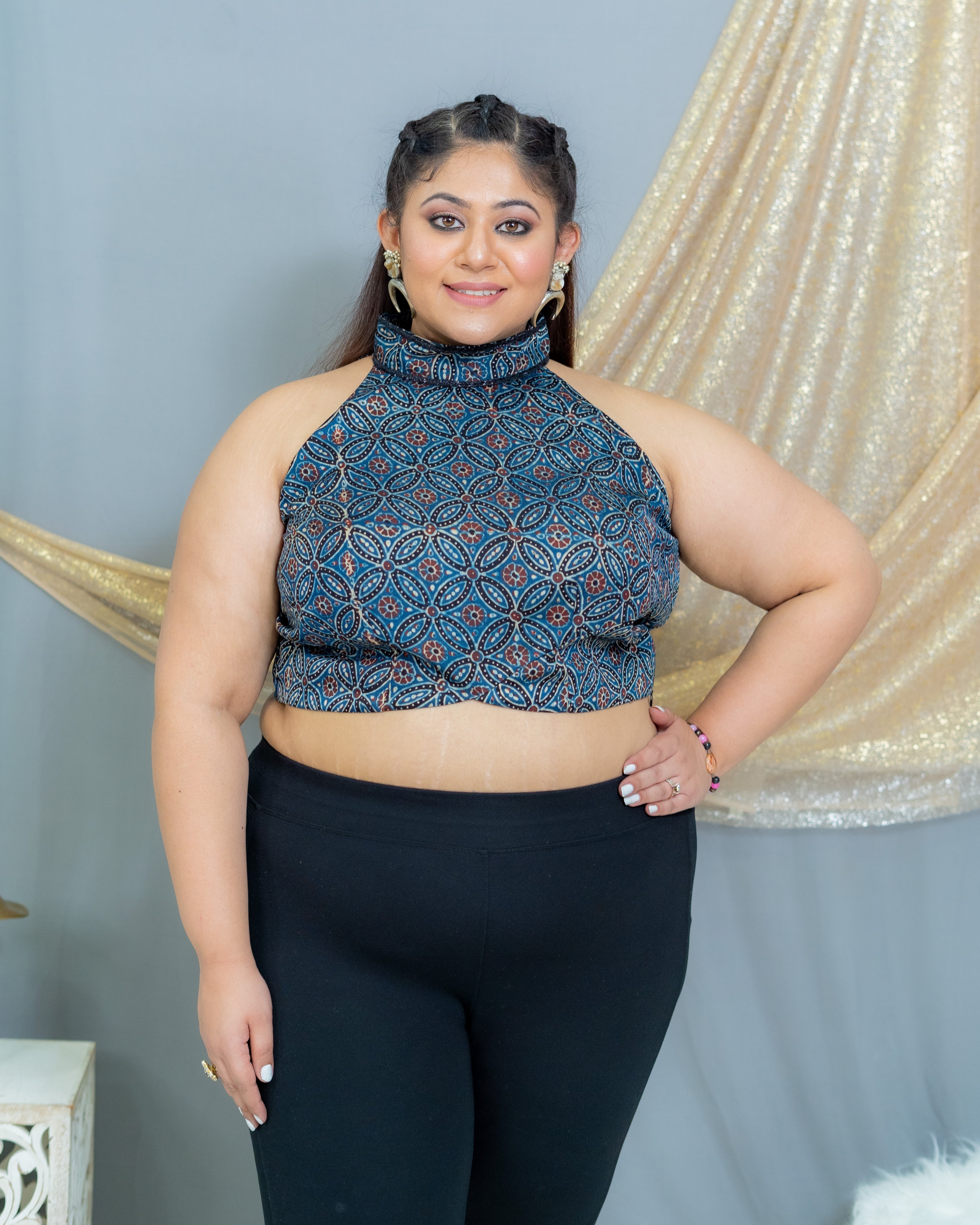 Indigo Modal Silk Ajrakh Handblock printed halter neck crop top