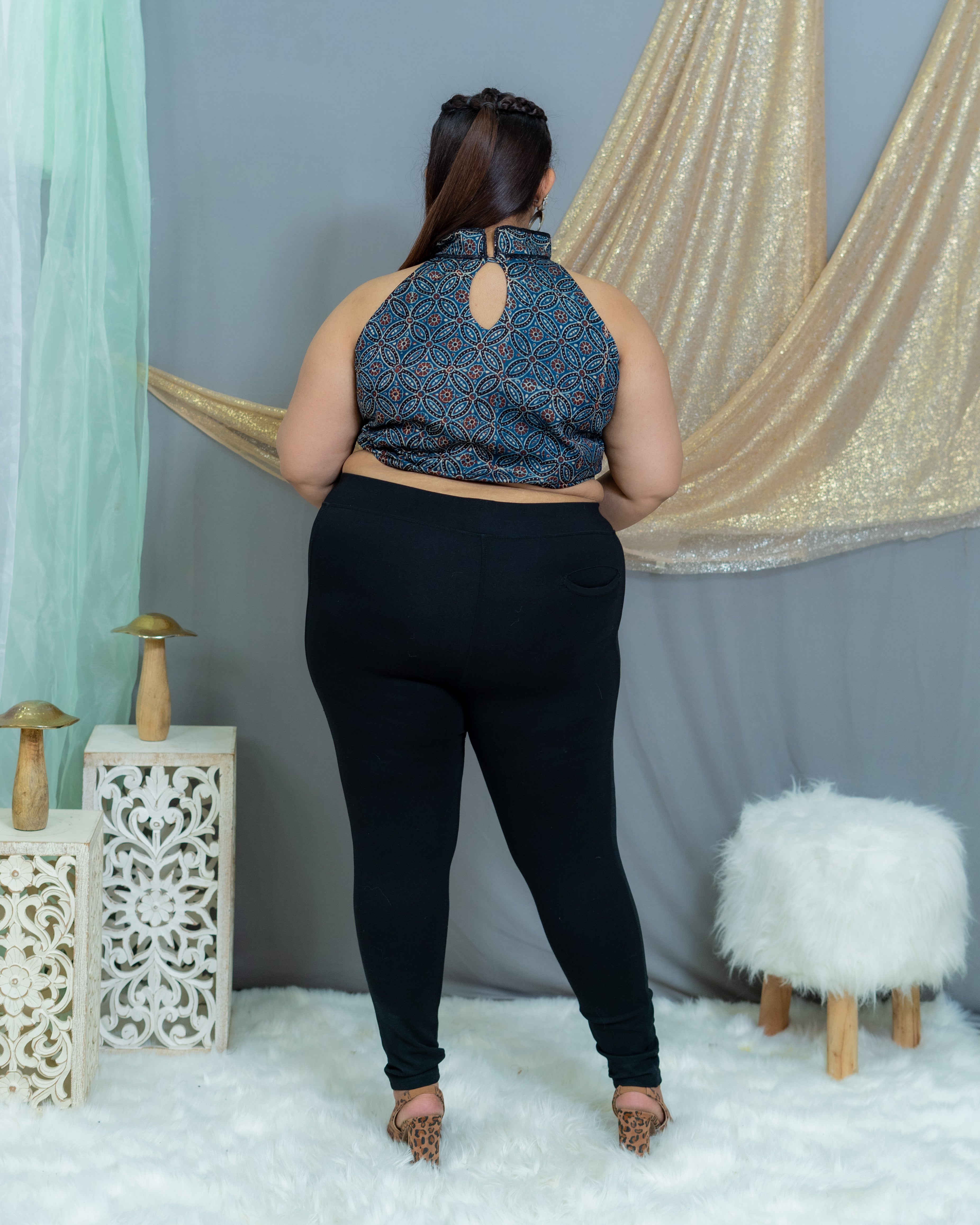 Indigo Modal Silk Ajrakh Handblock printed halter neck crop top