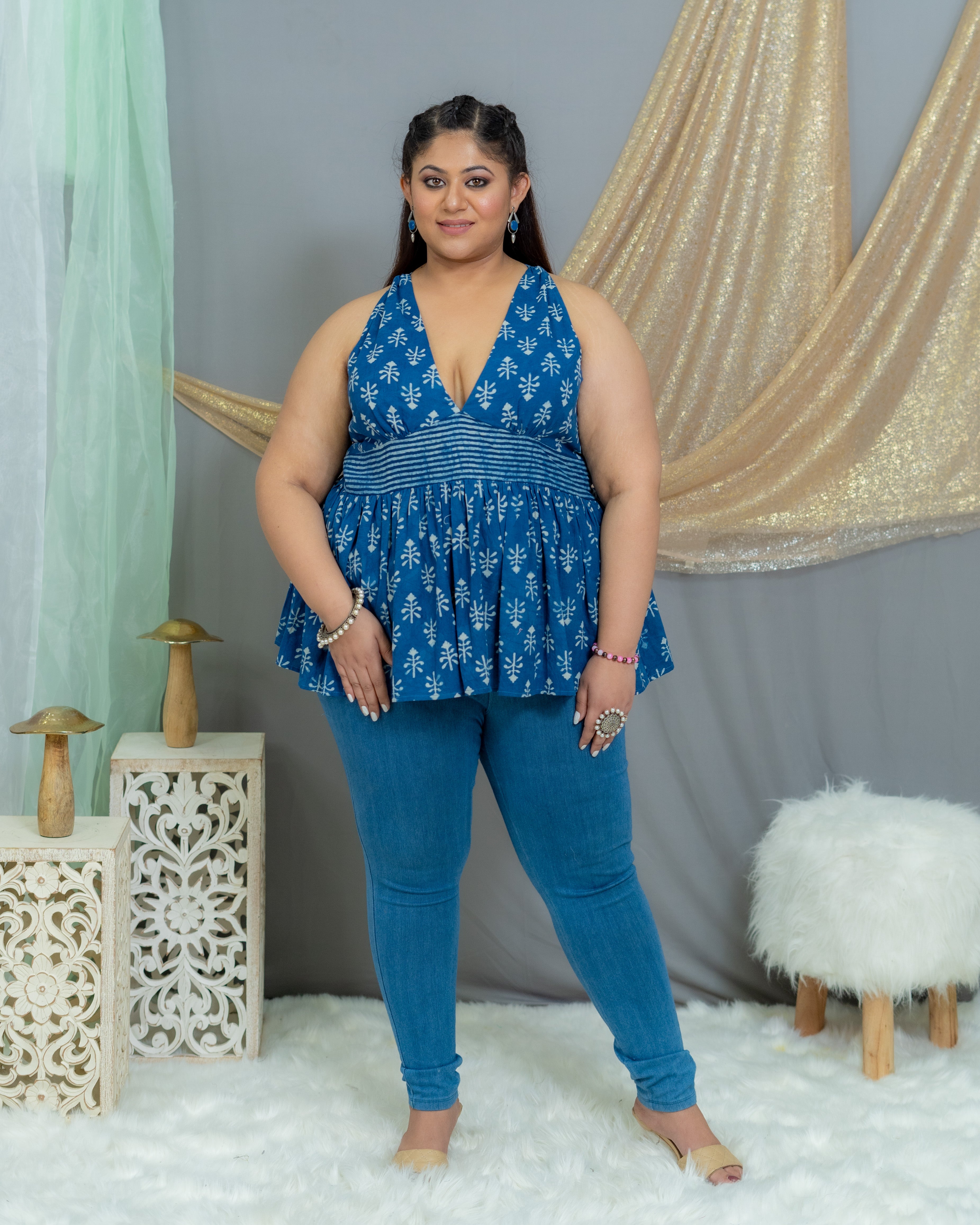 Indigo Dabu Handblock Prined Plunge Neckline Cotton Top