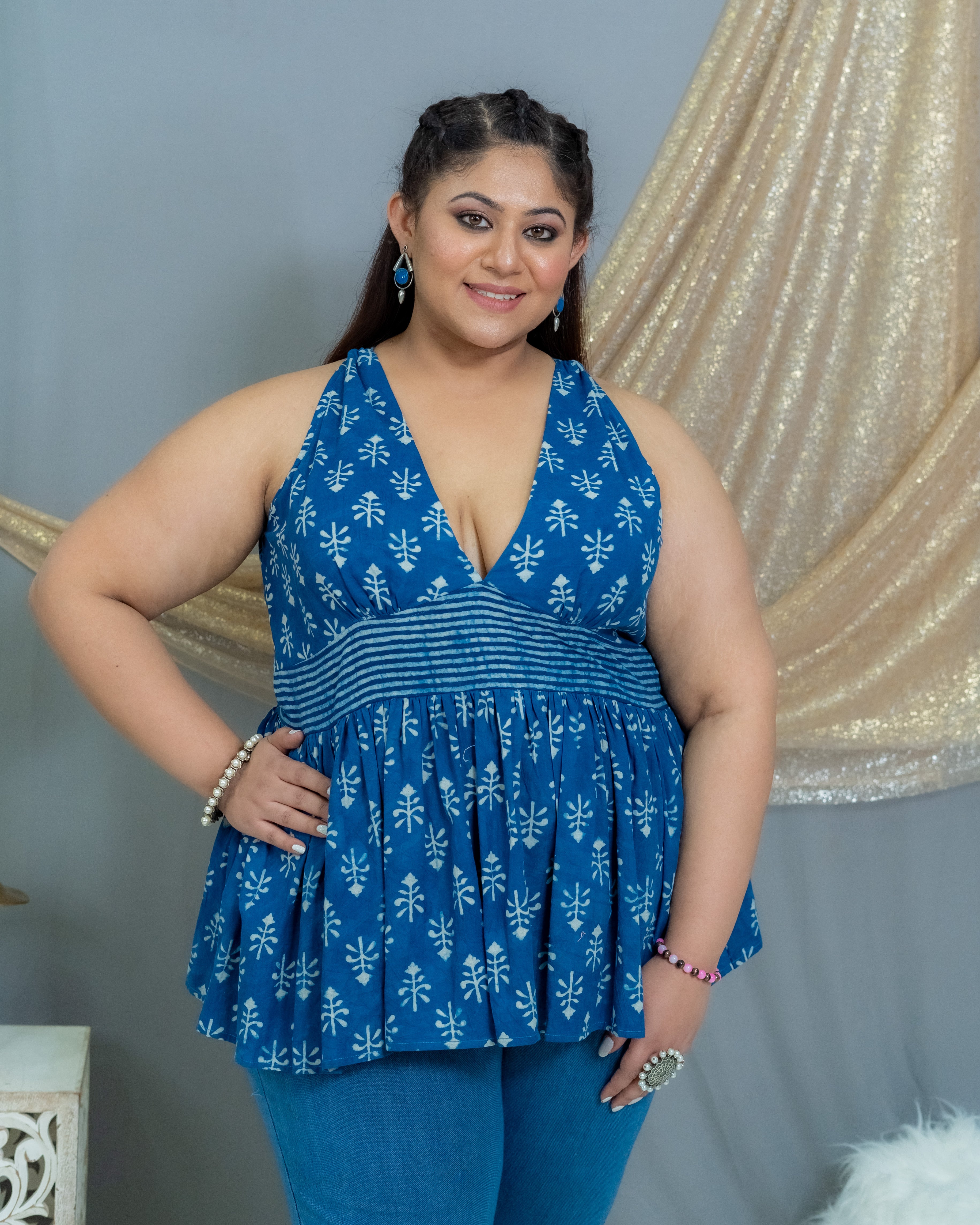Indigo Dabu Handblock Prined Plunge Neckline Cotton Top