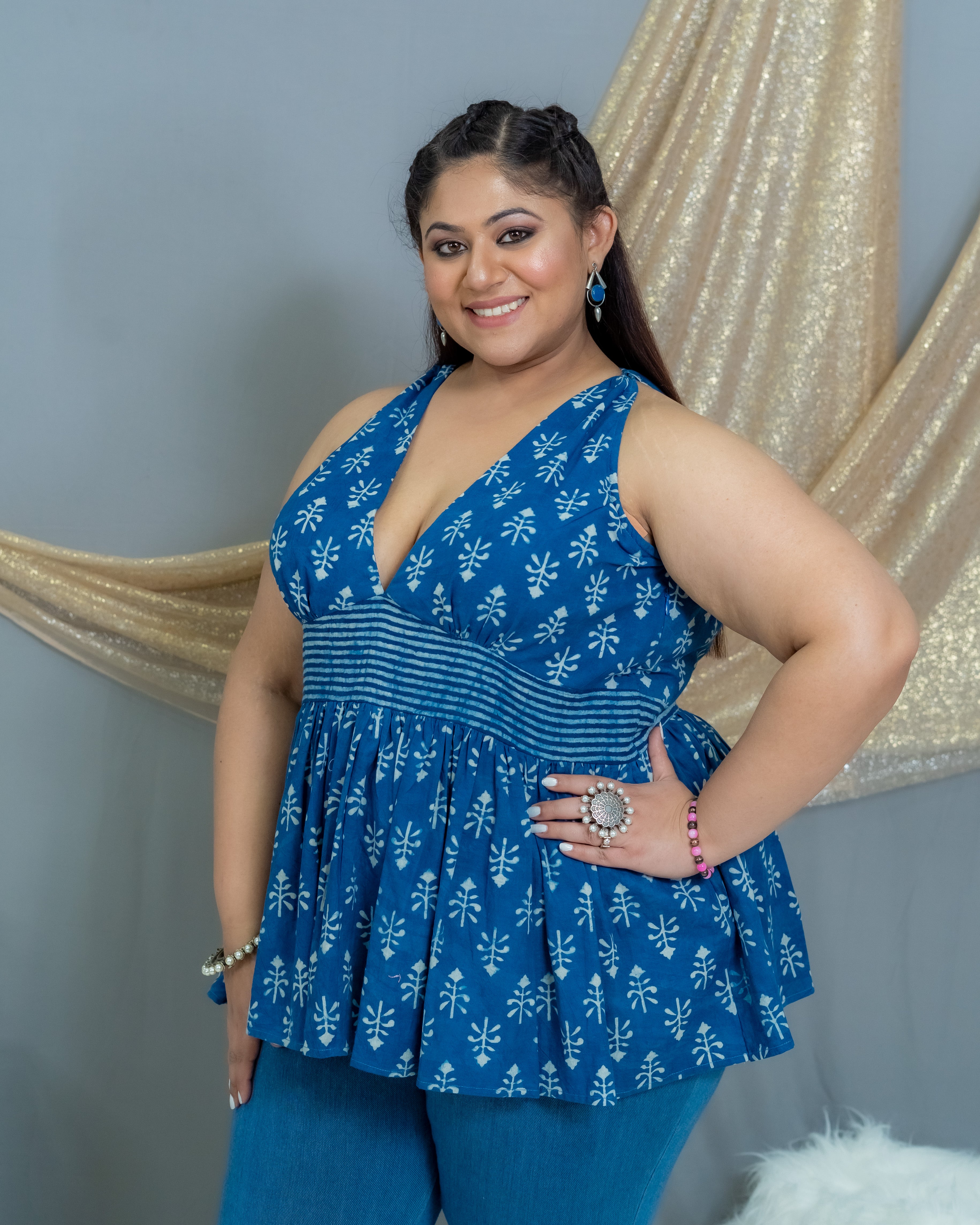 Indigo Dabu Handblock Prined Plunge Neckline Cotton Top