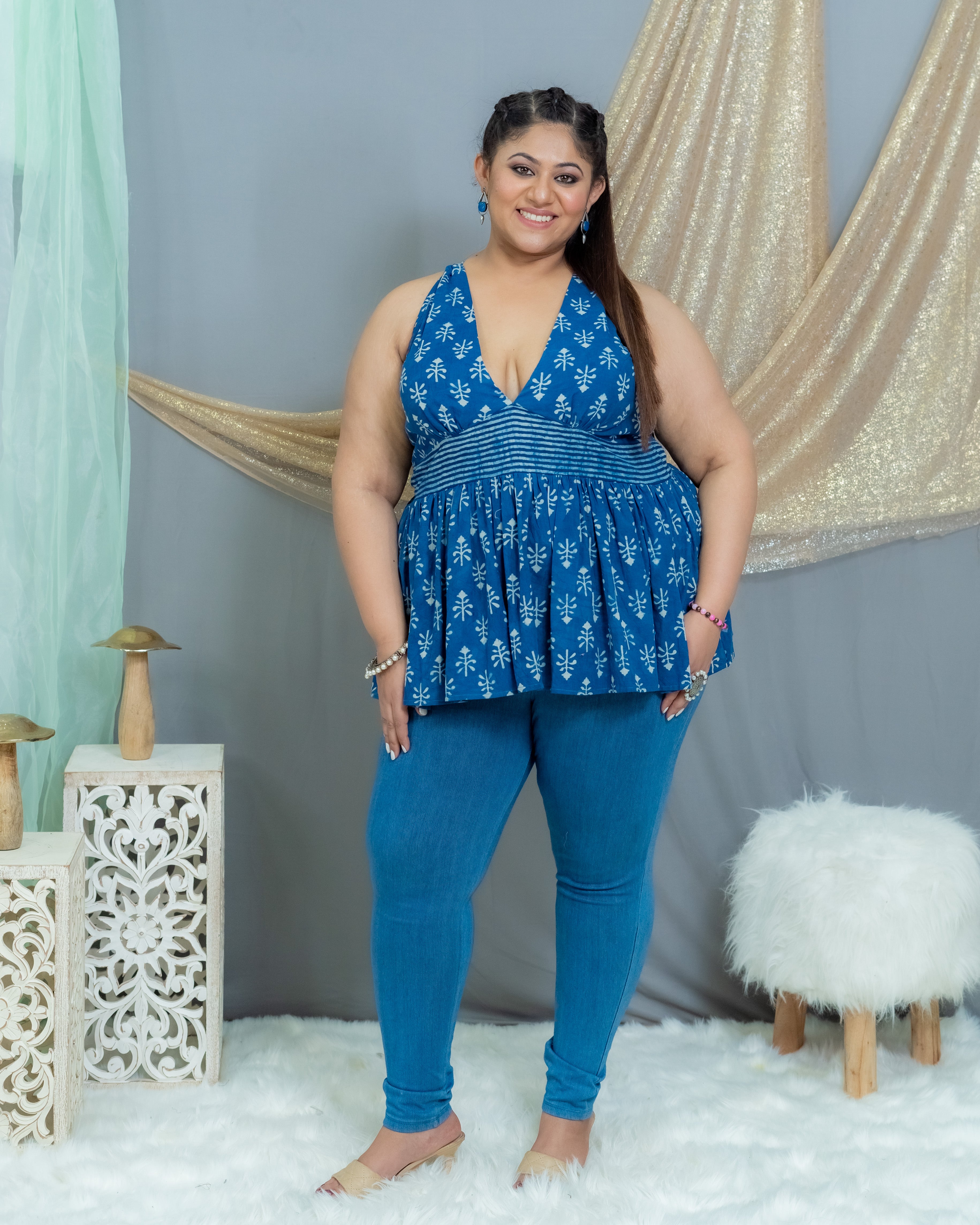 Indigo Dabu Handblock Prined Plunge Neckline Cotton Top