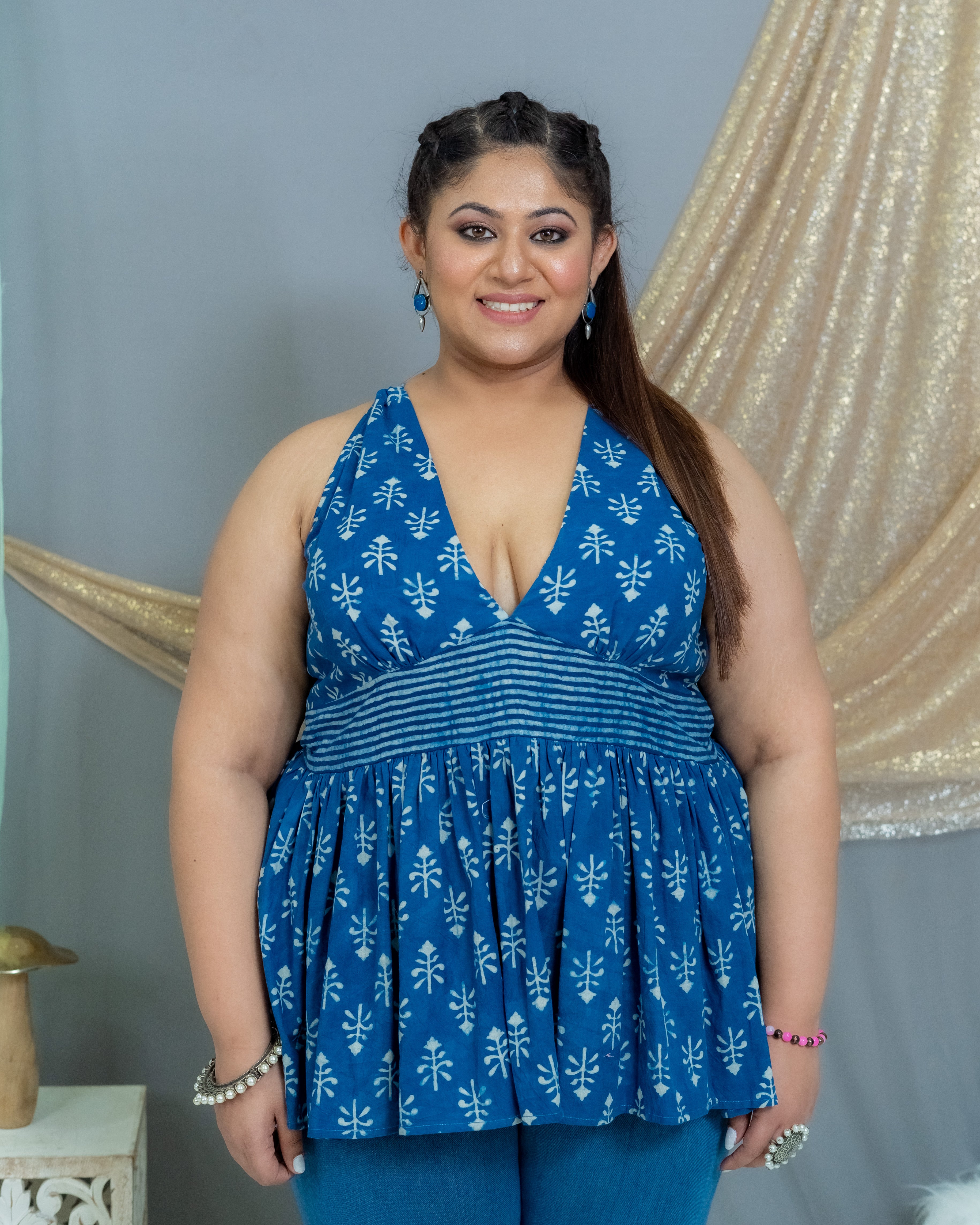 Indigo Dabu Handblock Prined Plunge Neckline Cotton Top