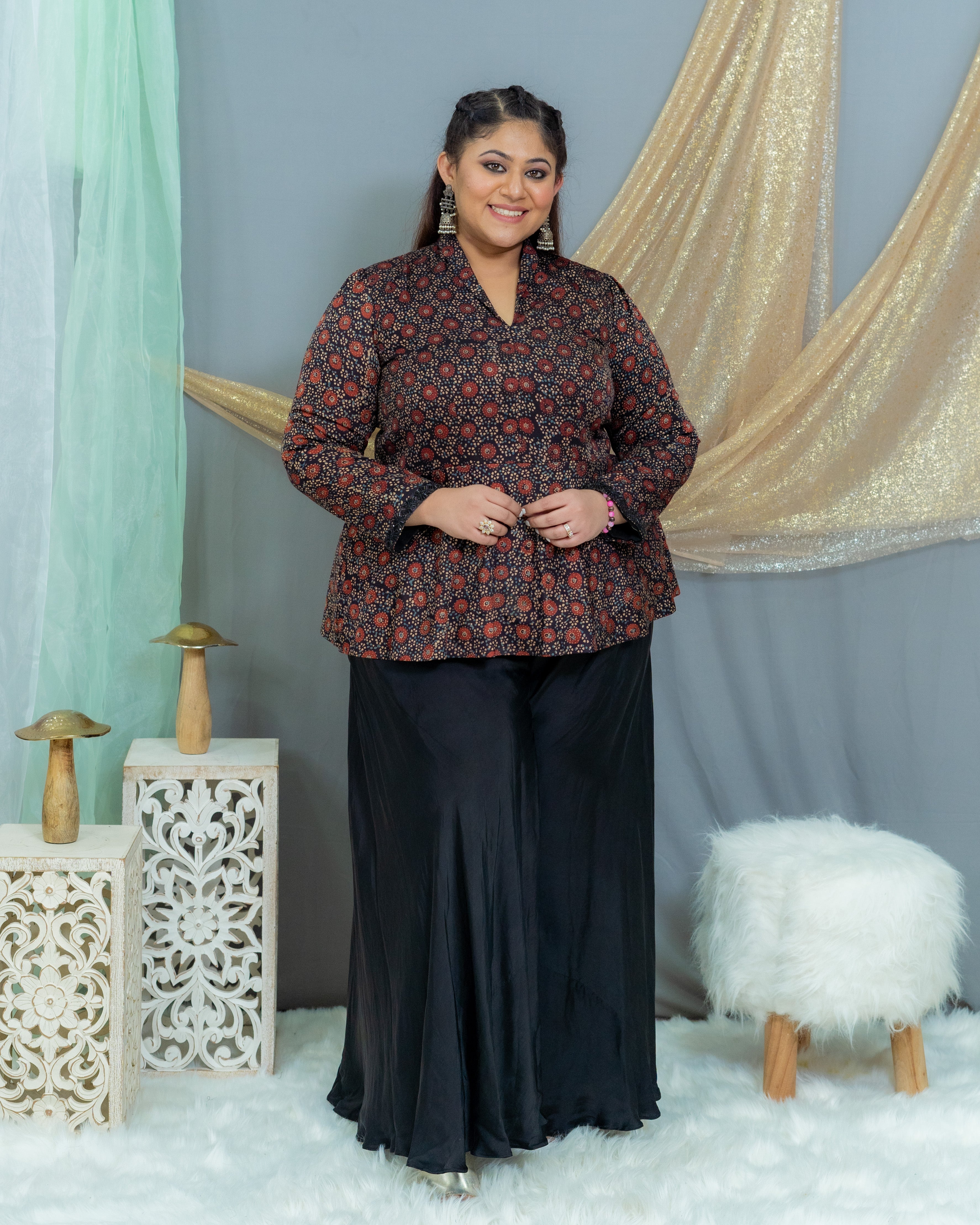 Maroon Ajrakh Handblock Printed Modal Silk peplum Top with  palazzo