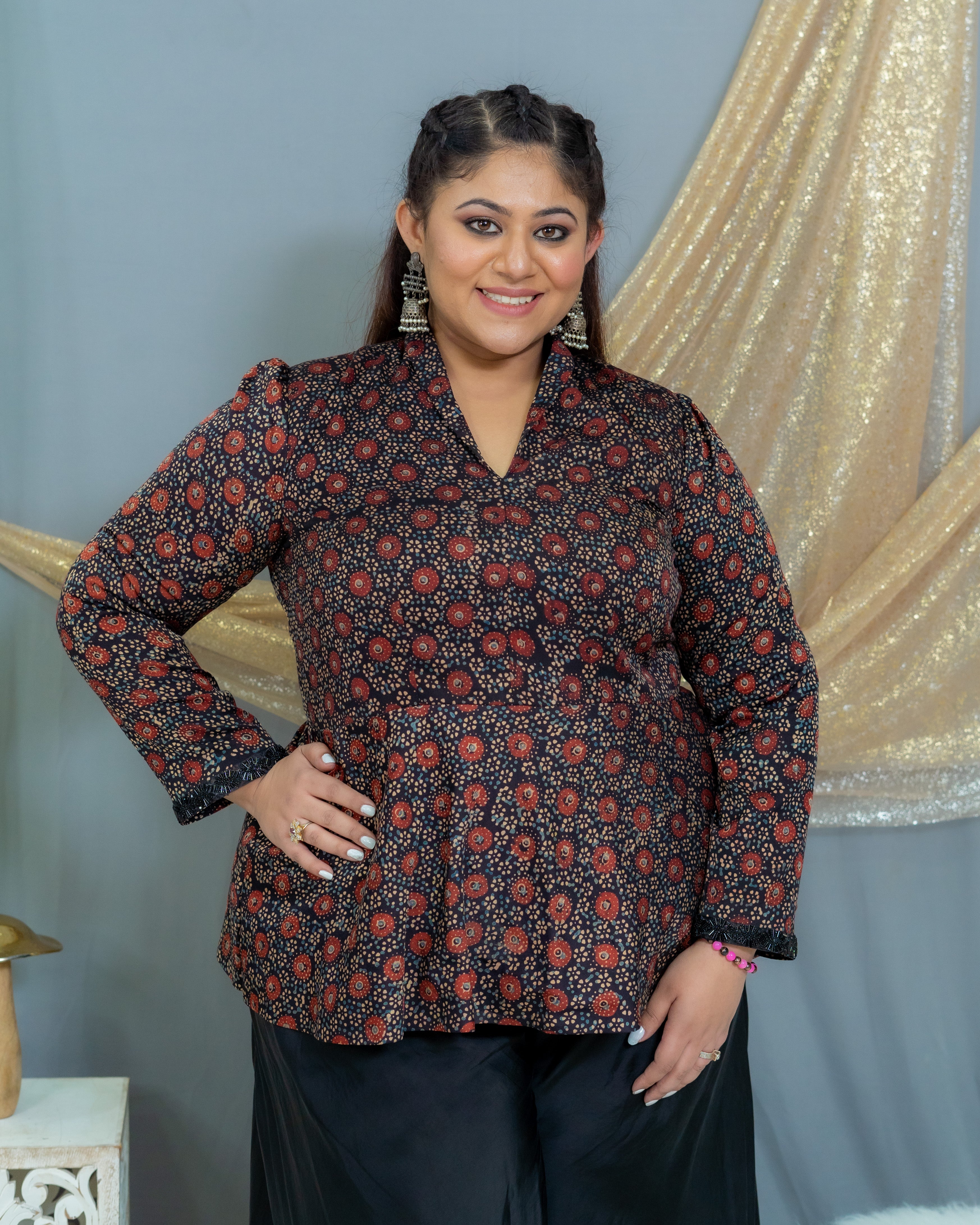 Maroon Ajrakh Handblock Printed Modal Silk peplum Top with  palazzo