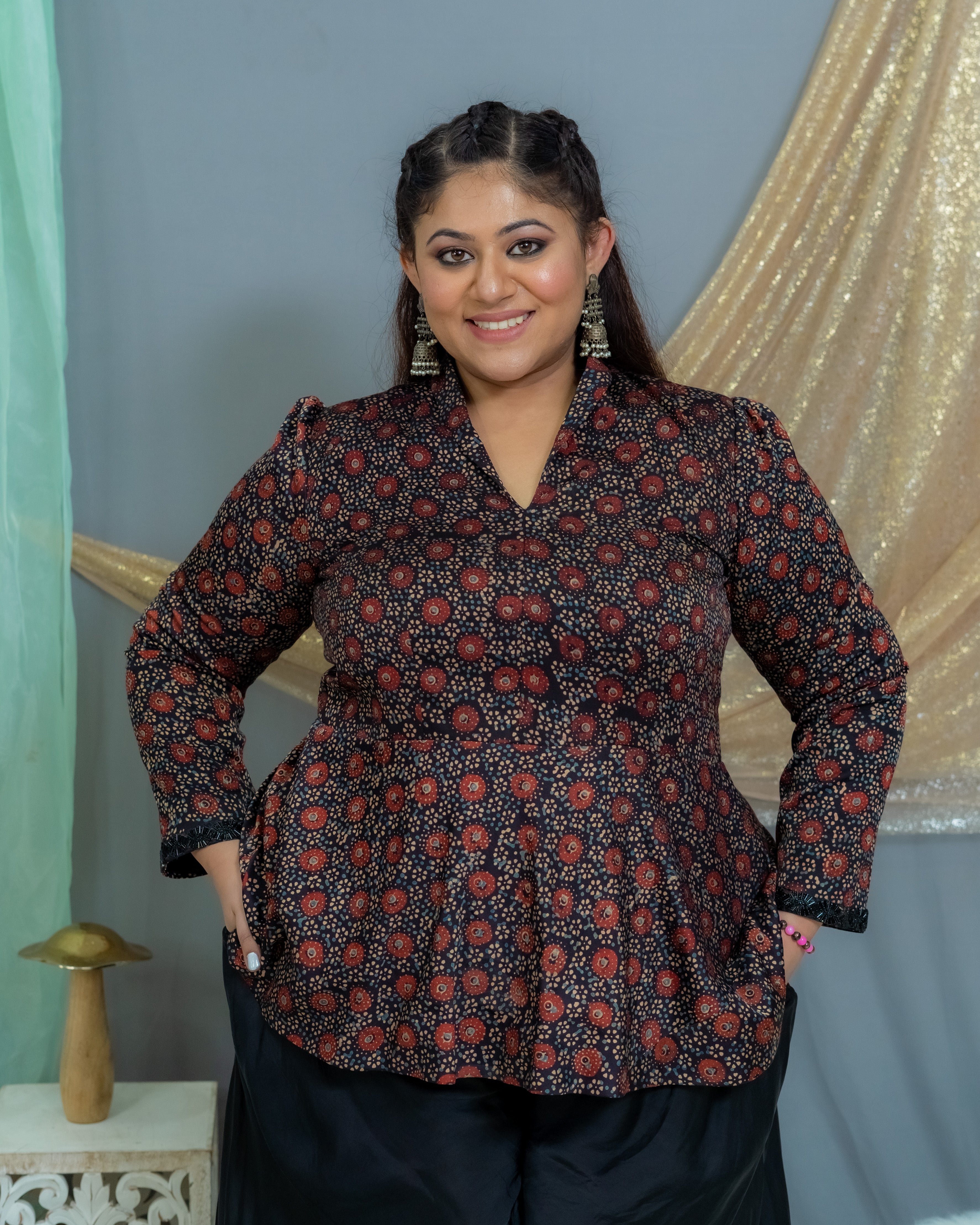 Maroon Ajrakh Handblock Printed Modal Silk peplum Top with  palazzo