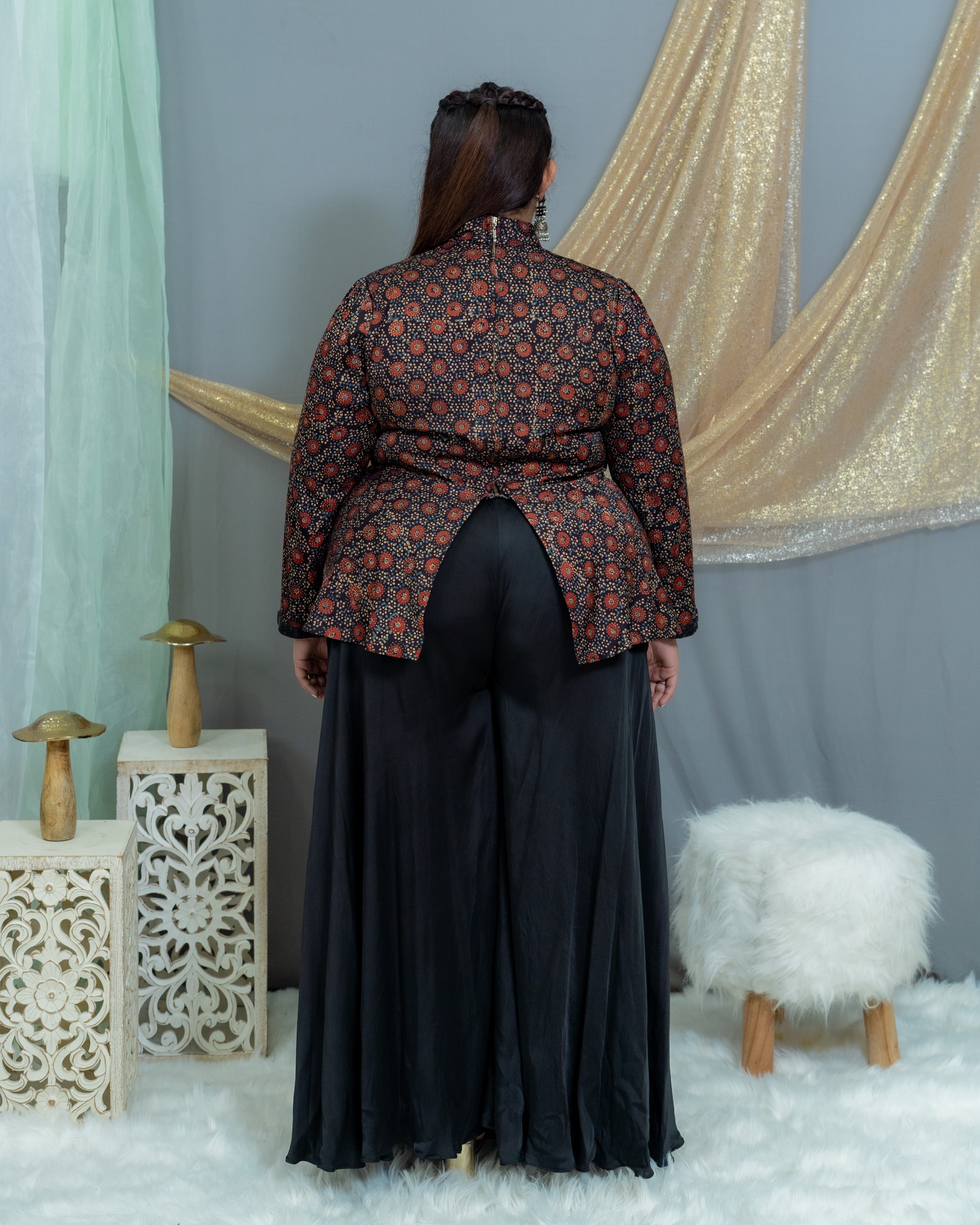 Maroon Ajrakh Handblock Printed Modal Silk peplum Top with  palazzo