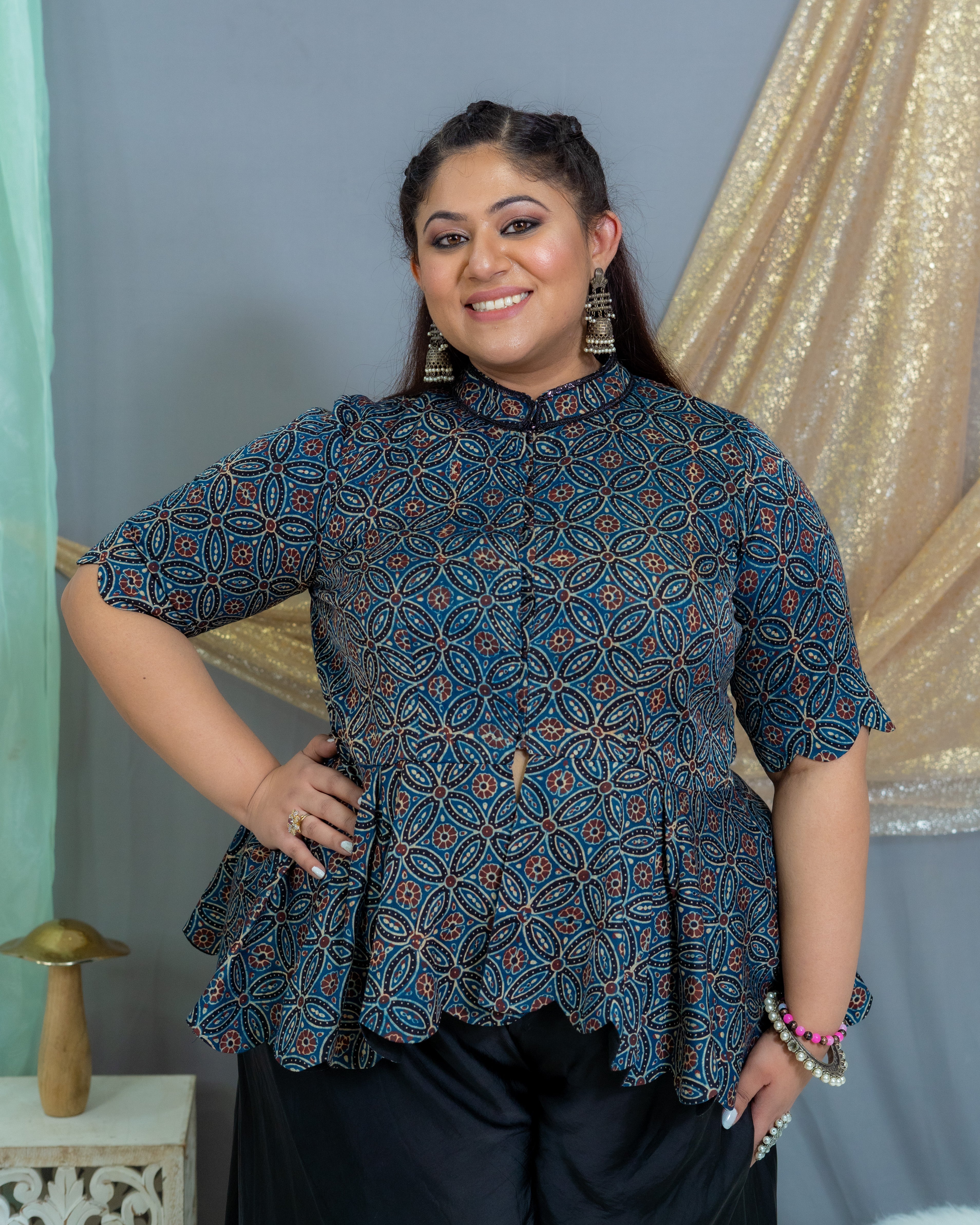 Indigo ajrakh modal silk scallop top with black palazzo set