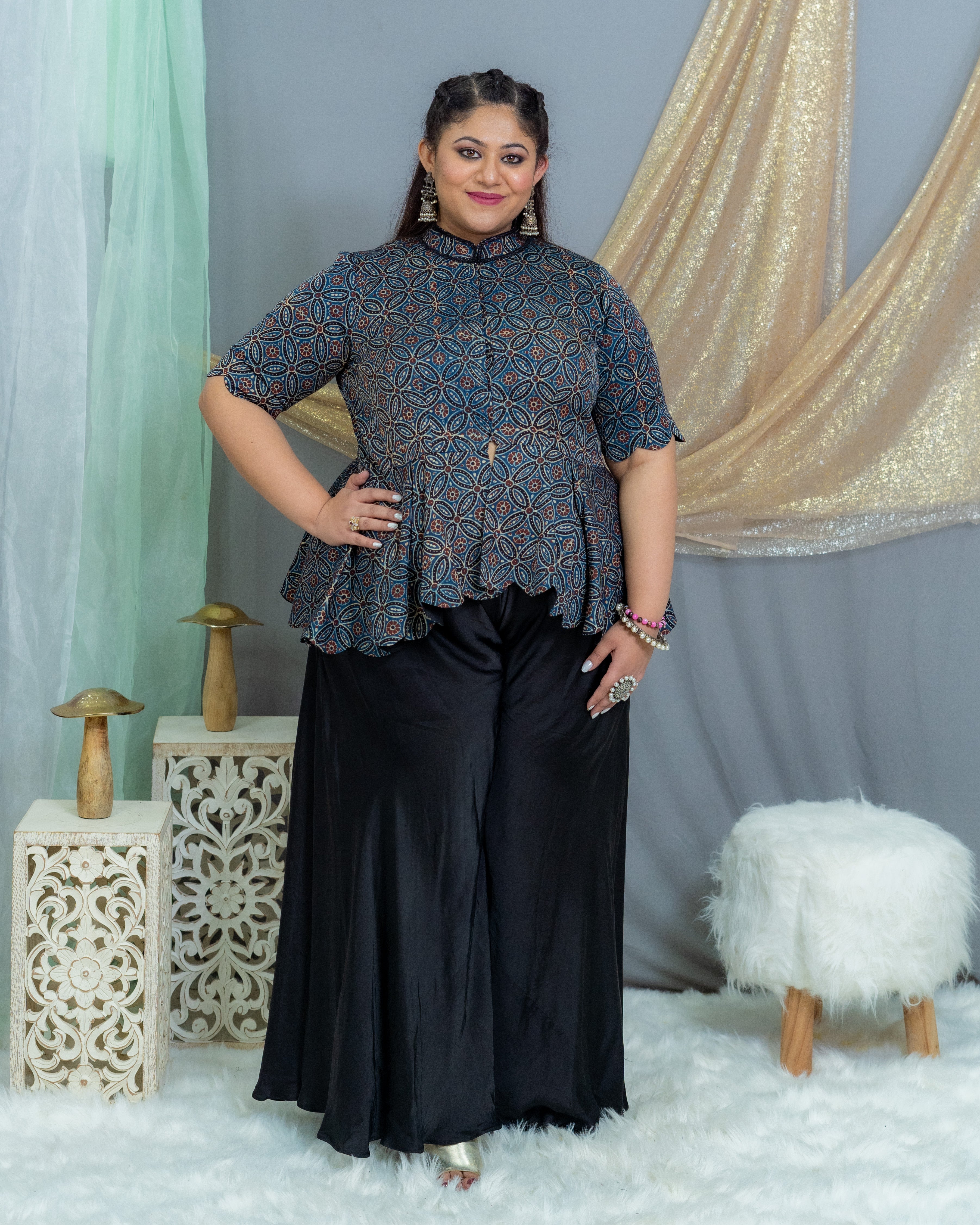 Indigo ajrakh modal silk scallop top with black palazzo set
