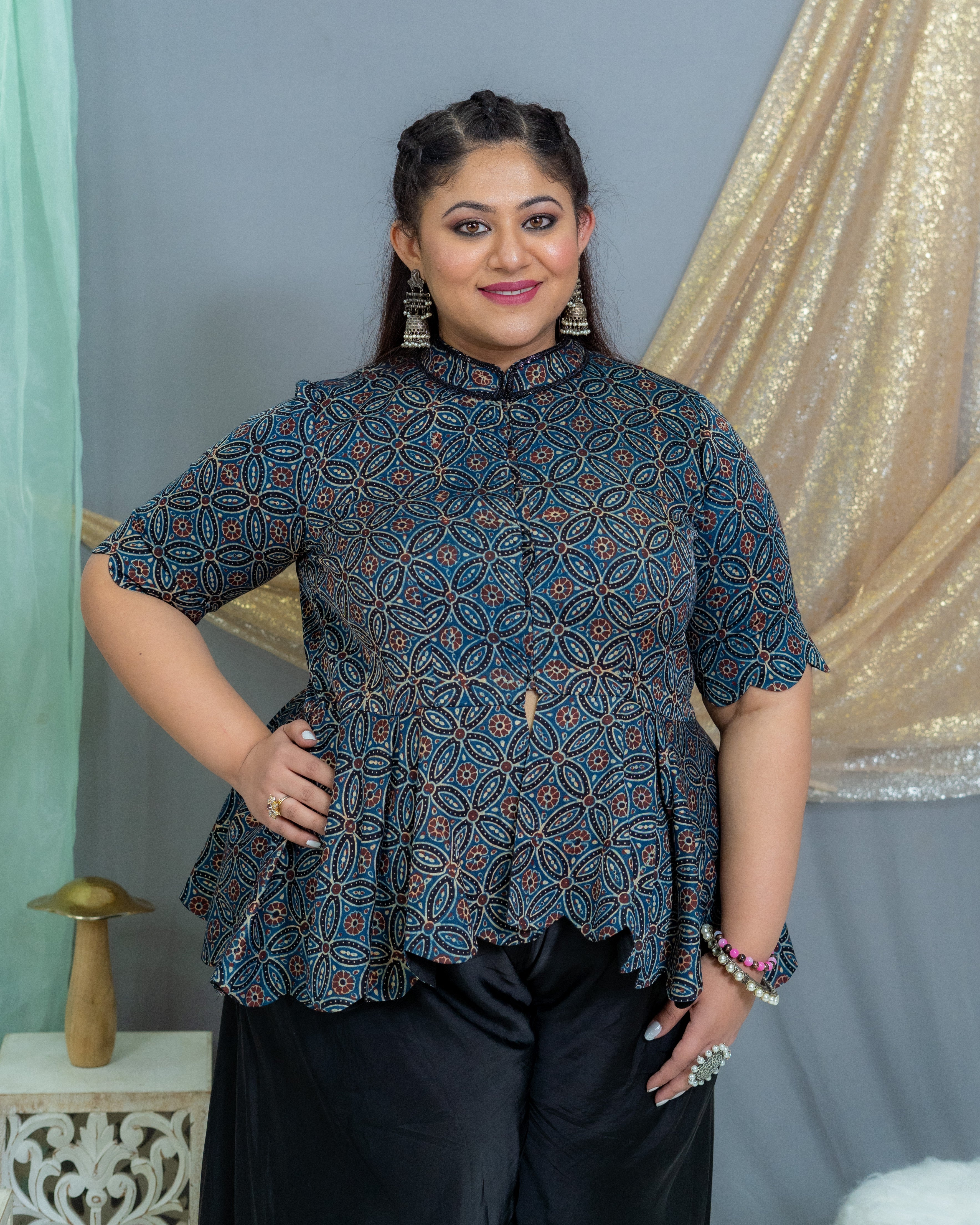 Indigo ajrakh modal silk scallop top with black palazzo set