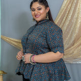 Indigo ajrakh modal silk scallop top with black palazzo set