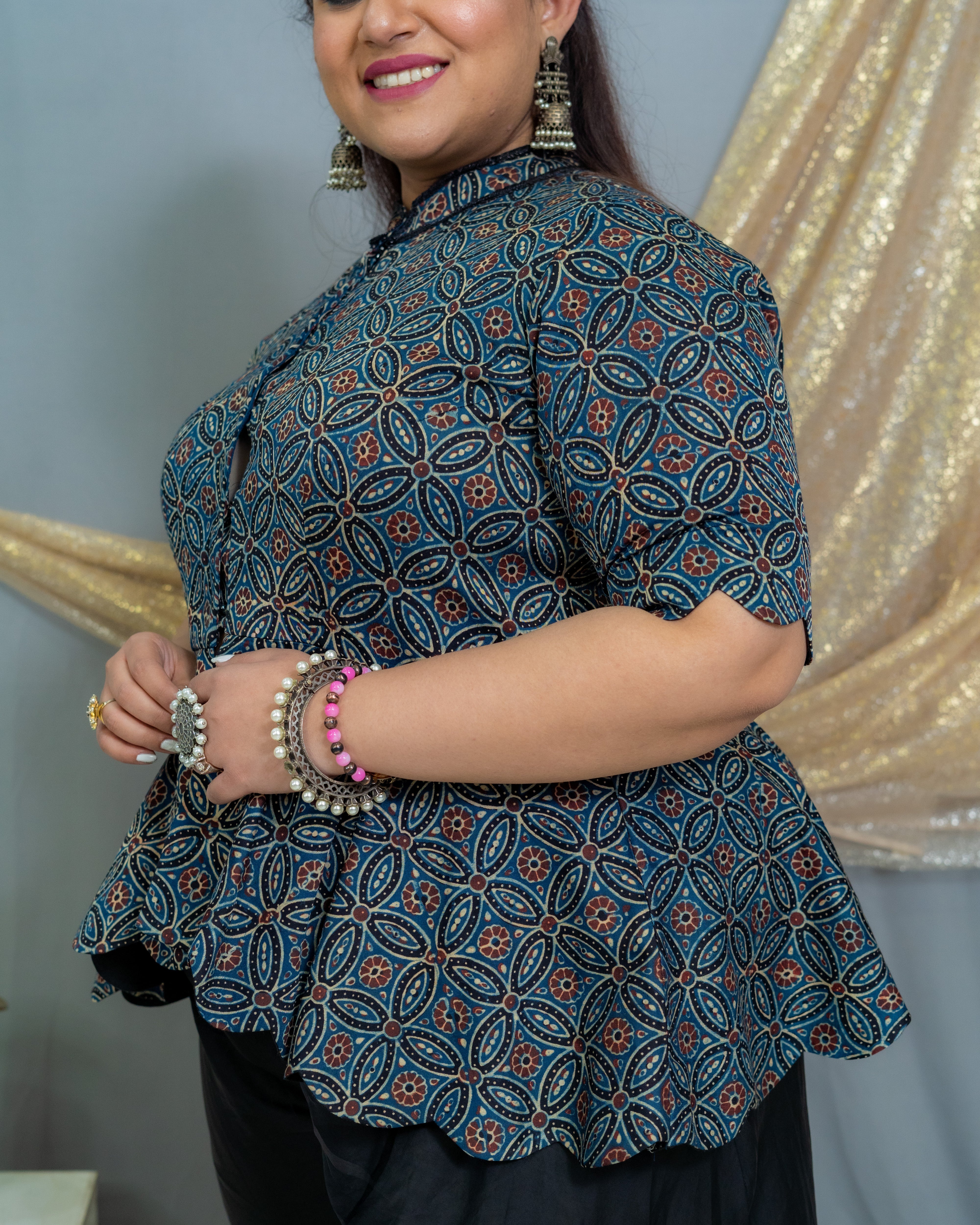 Indigo ajrakh modal silk scallop top with black palazzo set