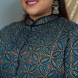 Indigo ajrakh modal silk scallop top with black palazzo set