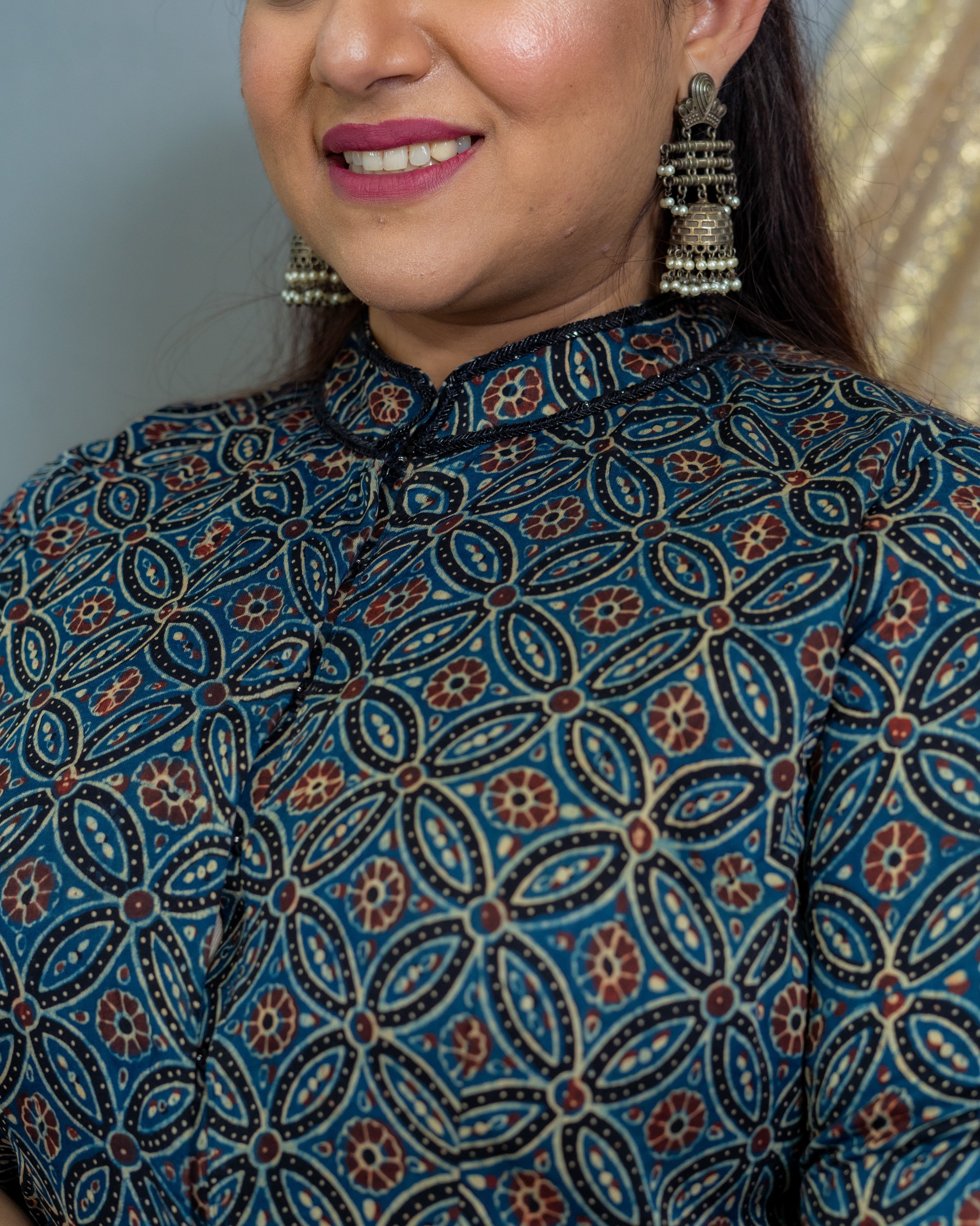 Indigo ajrakh modal silk scallop top with black palazzo set