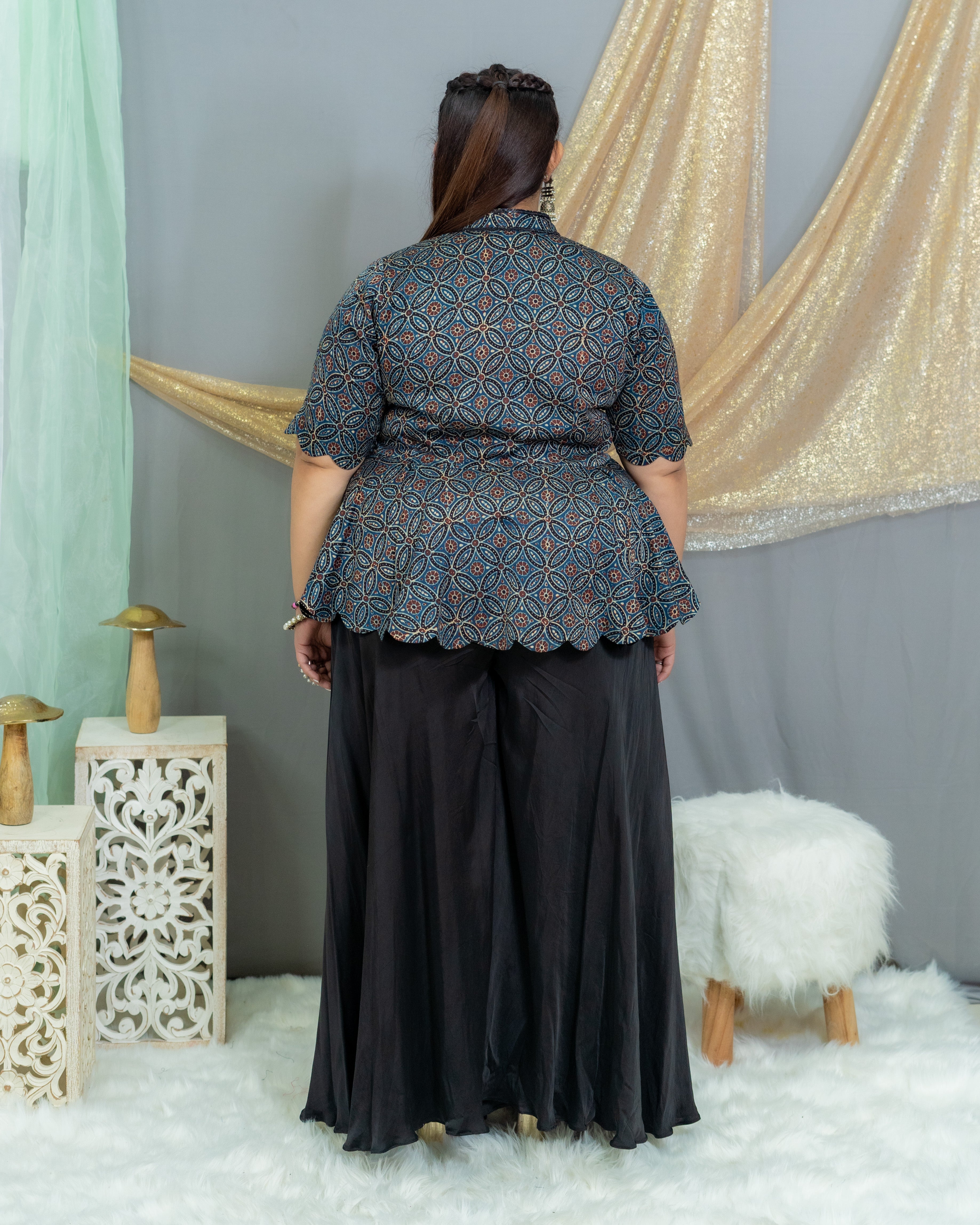 Indigo ajrakh modal silk scallop top with black palazzo set
