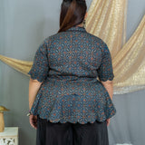 Indigo ajrakh modal silk scallop top with black palazzo set