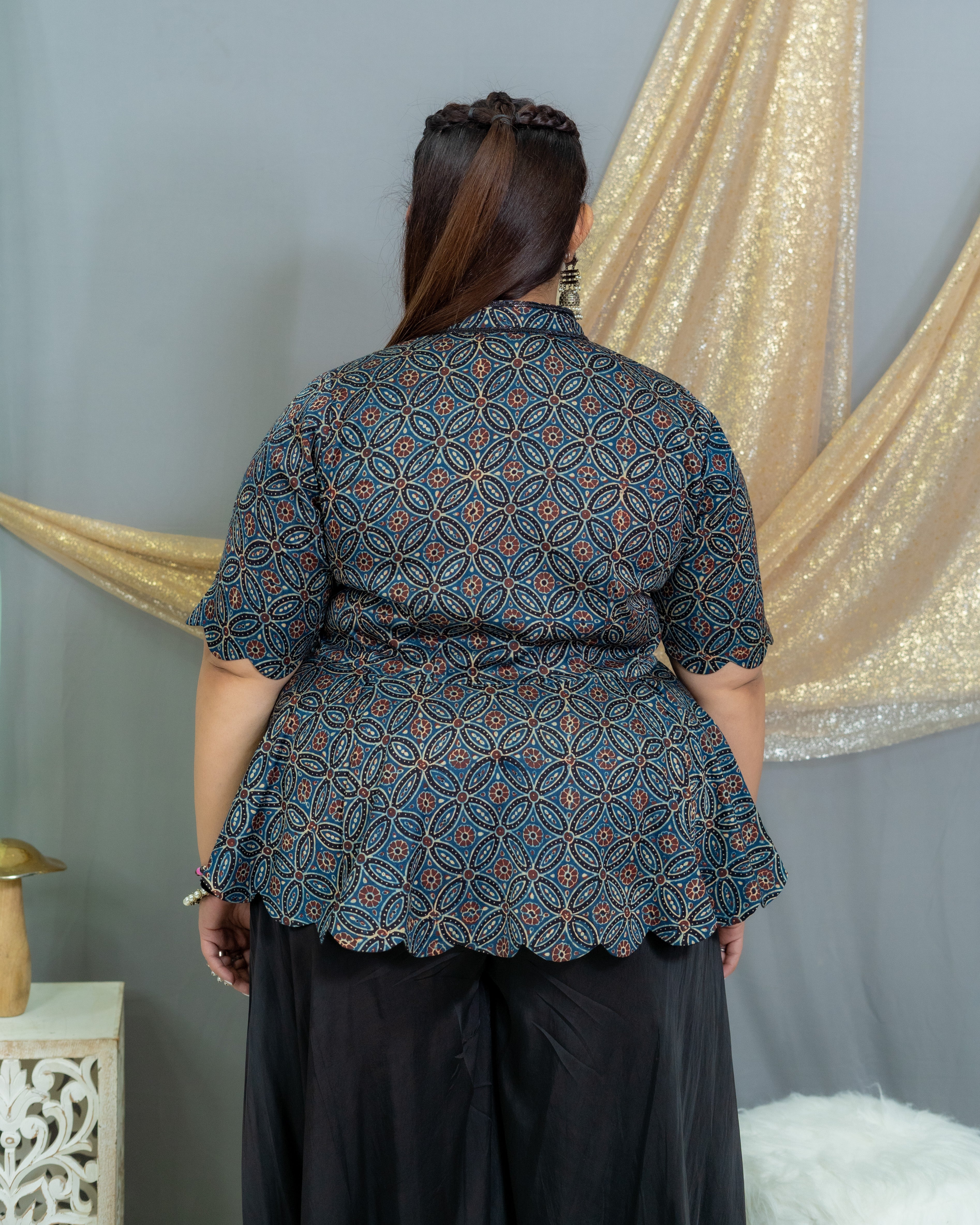 Indigo ajrakh modal silk scallop top with black palazzo set