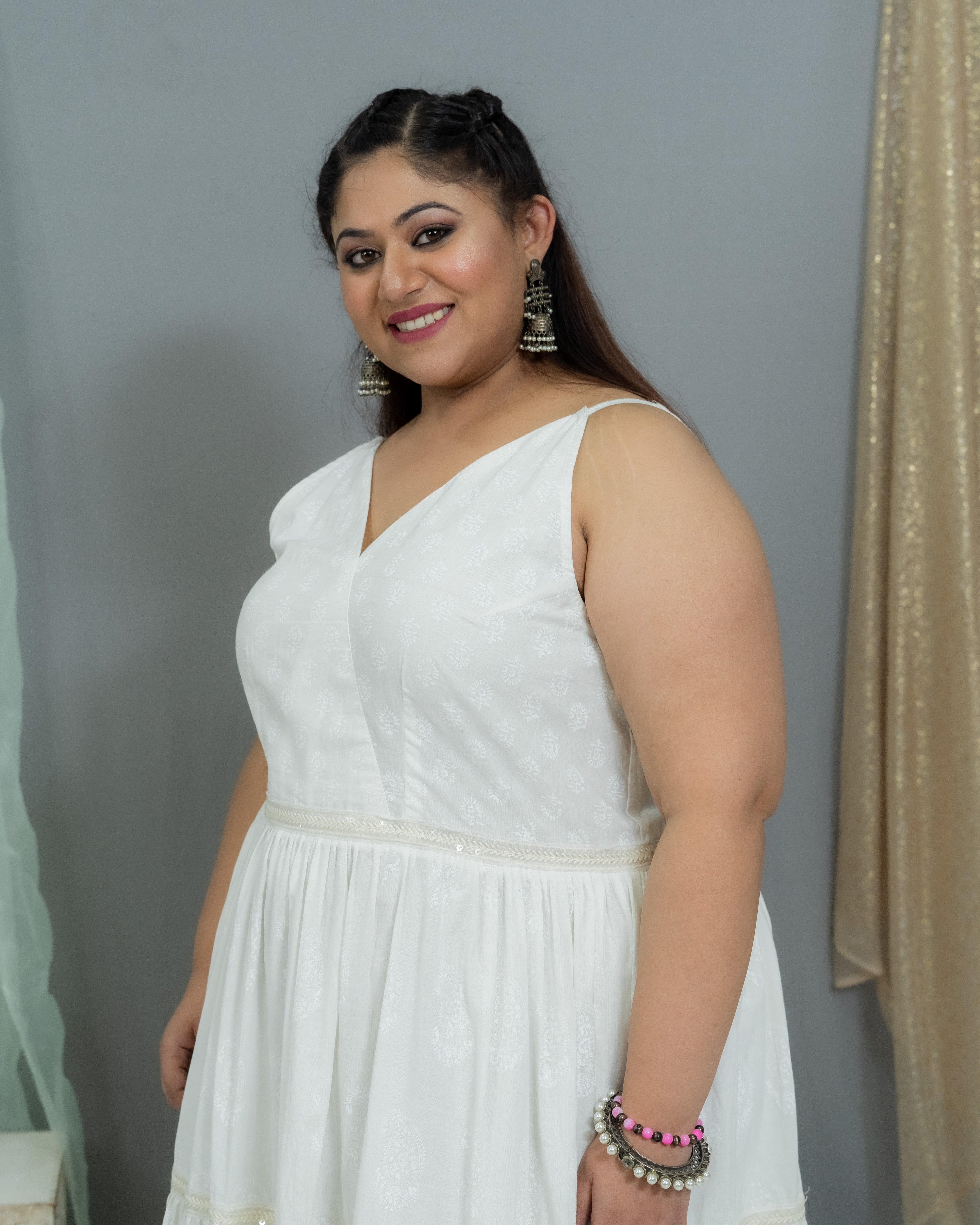 White Handblock Printed  Cotton Maxi Dress
