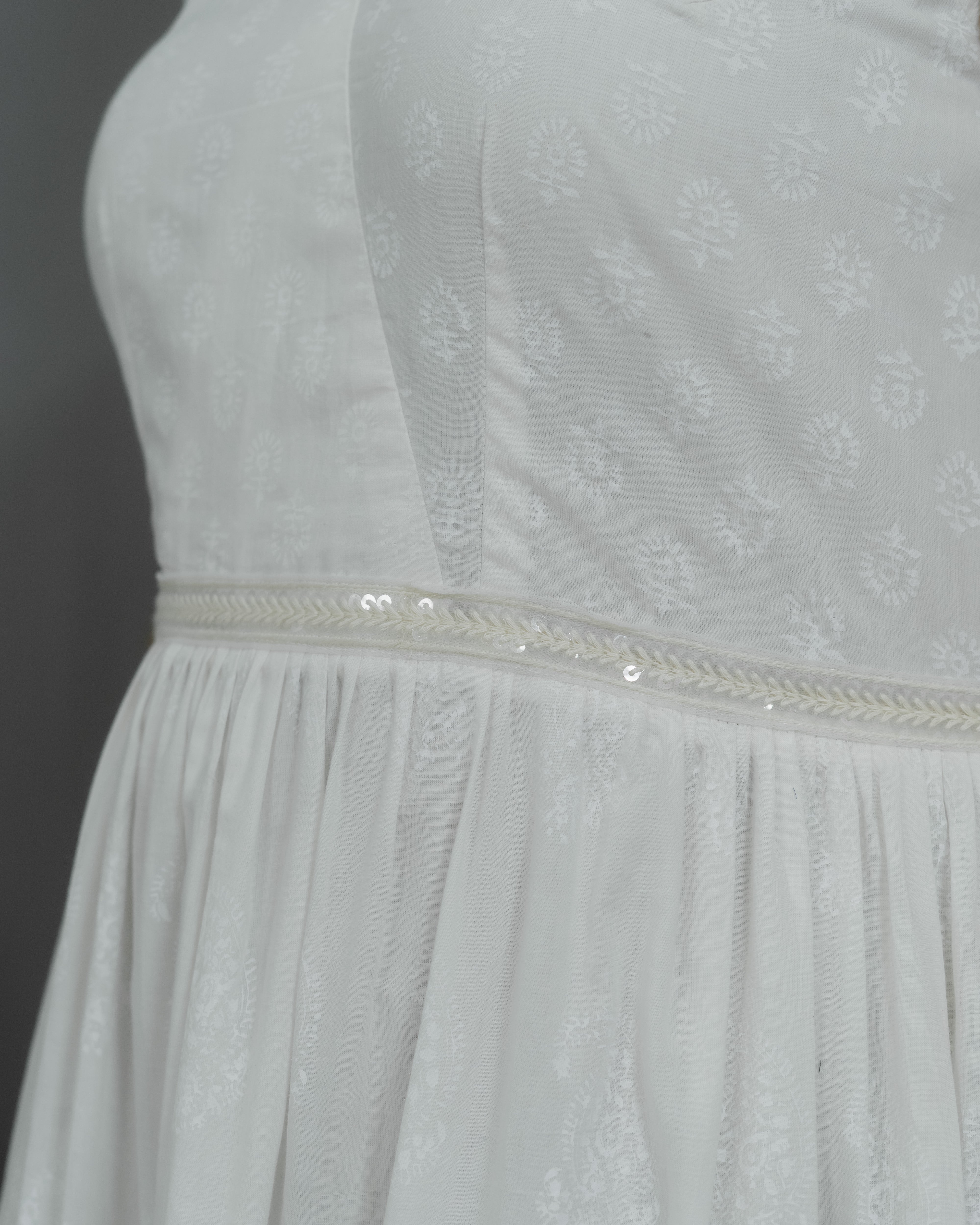 White Handblock Printed  Cotton Maxi Dress