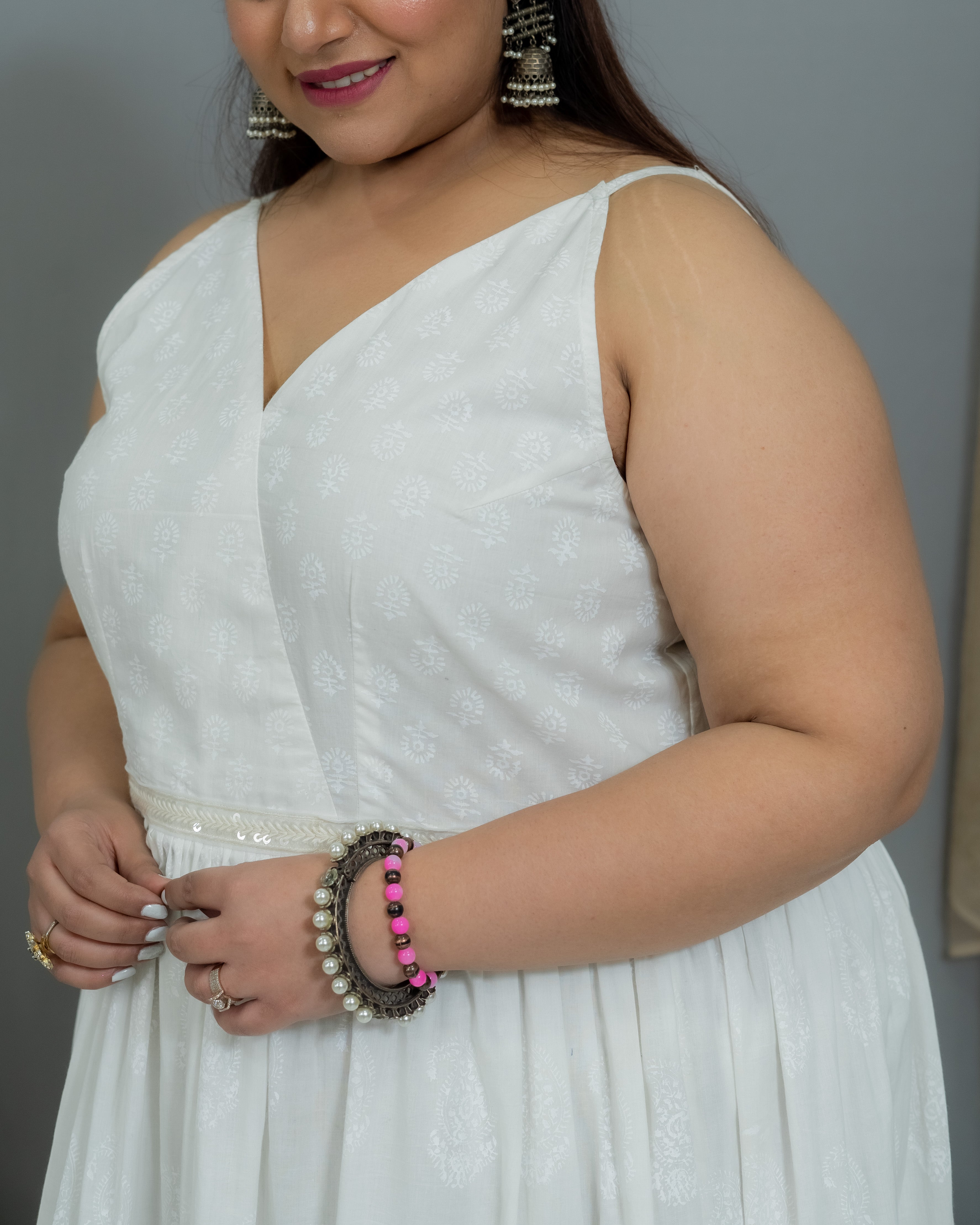 White Handblock Printed  Cotton Maxi Dress