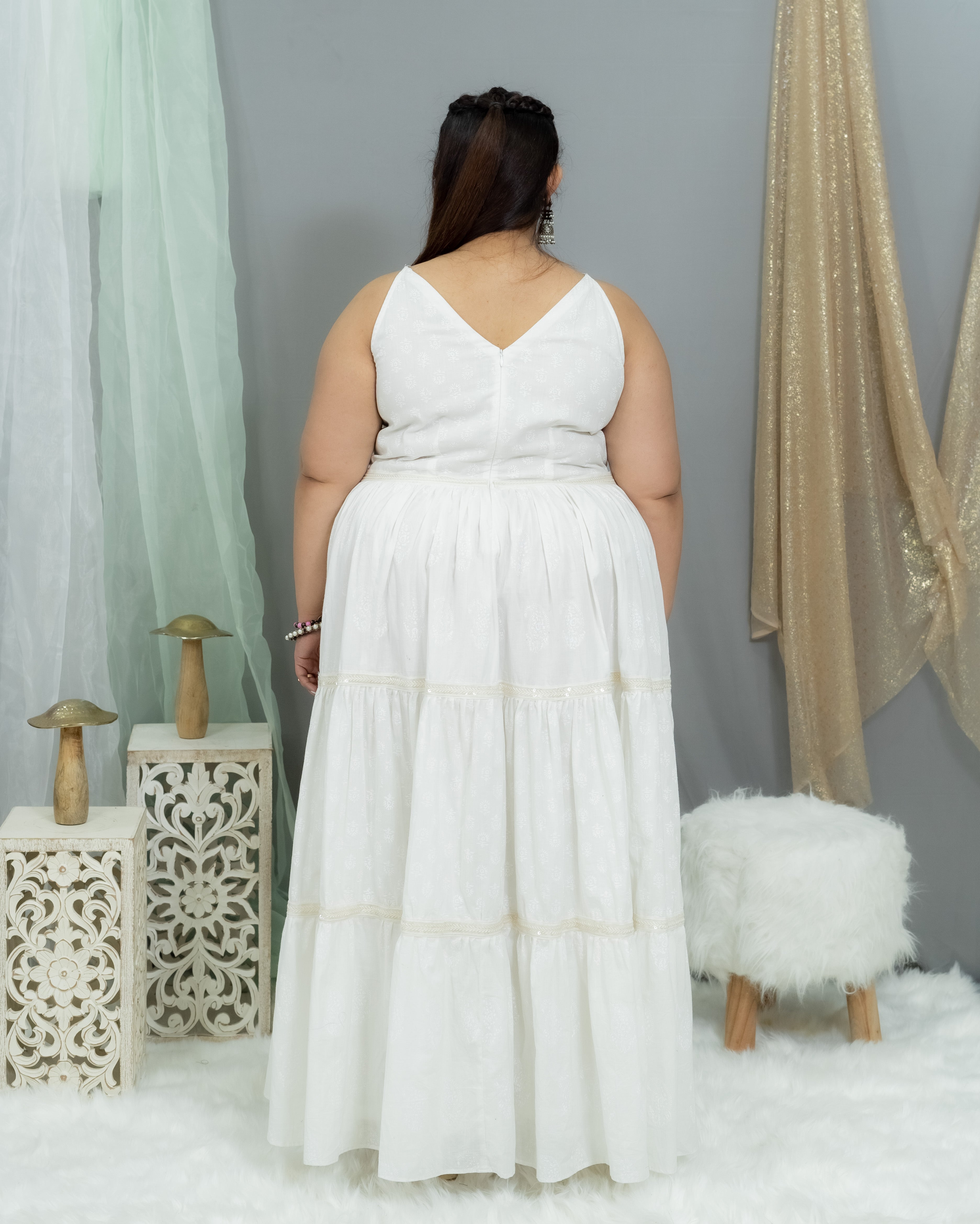White Handblock Printed  Cotton Maxi Dress