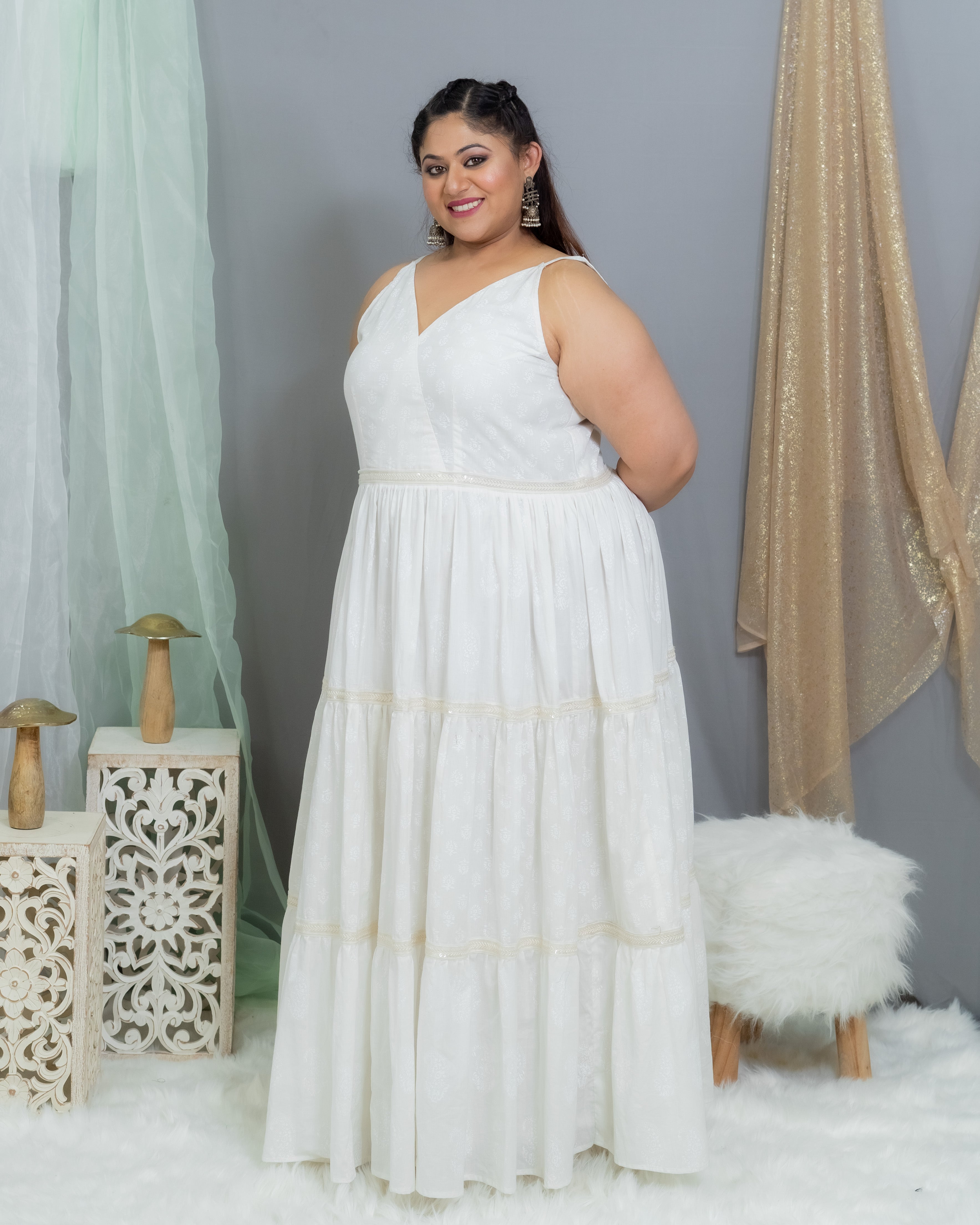 White Handblock Printed  Cotton Maxi Dress