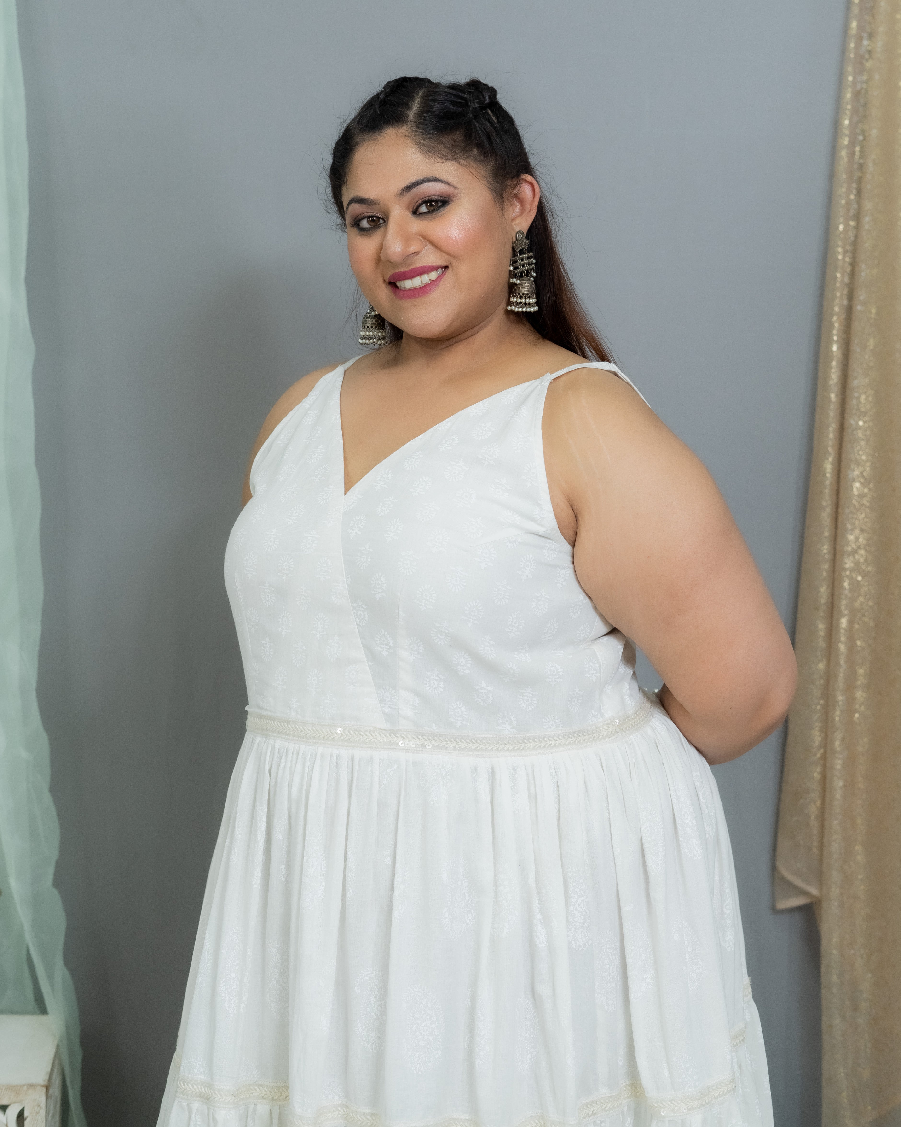 White Handblock Printed  Cotton Maxi Dress