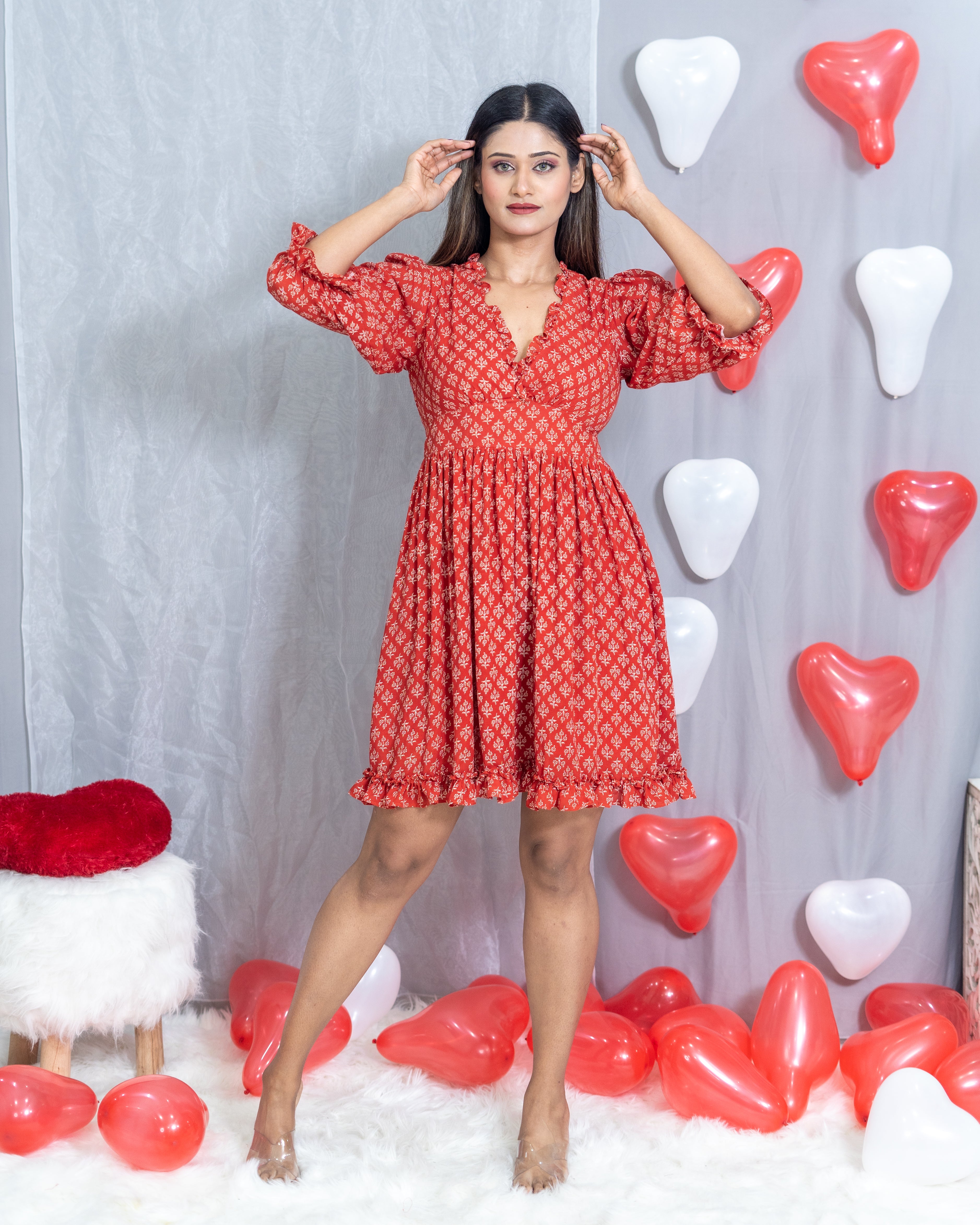 Red Bagru Handblock Printed Modal Cotton Frill Dress