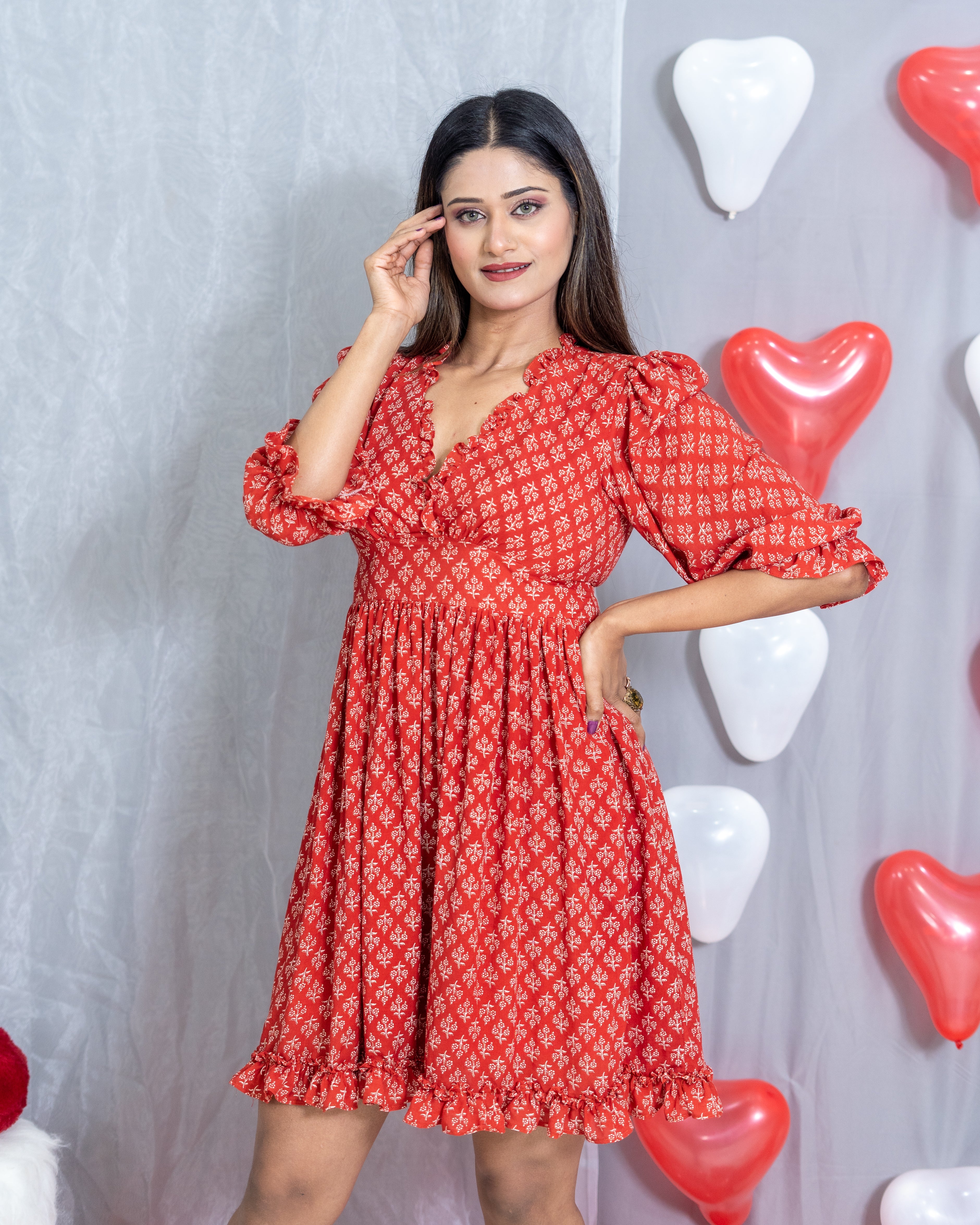 Red Bagru Handblock Printed Modal Cotton Frill Dress