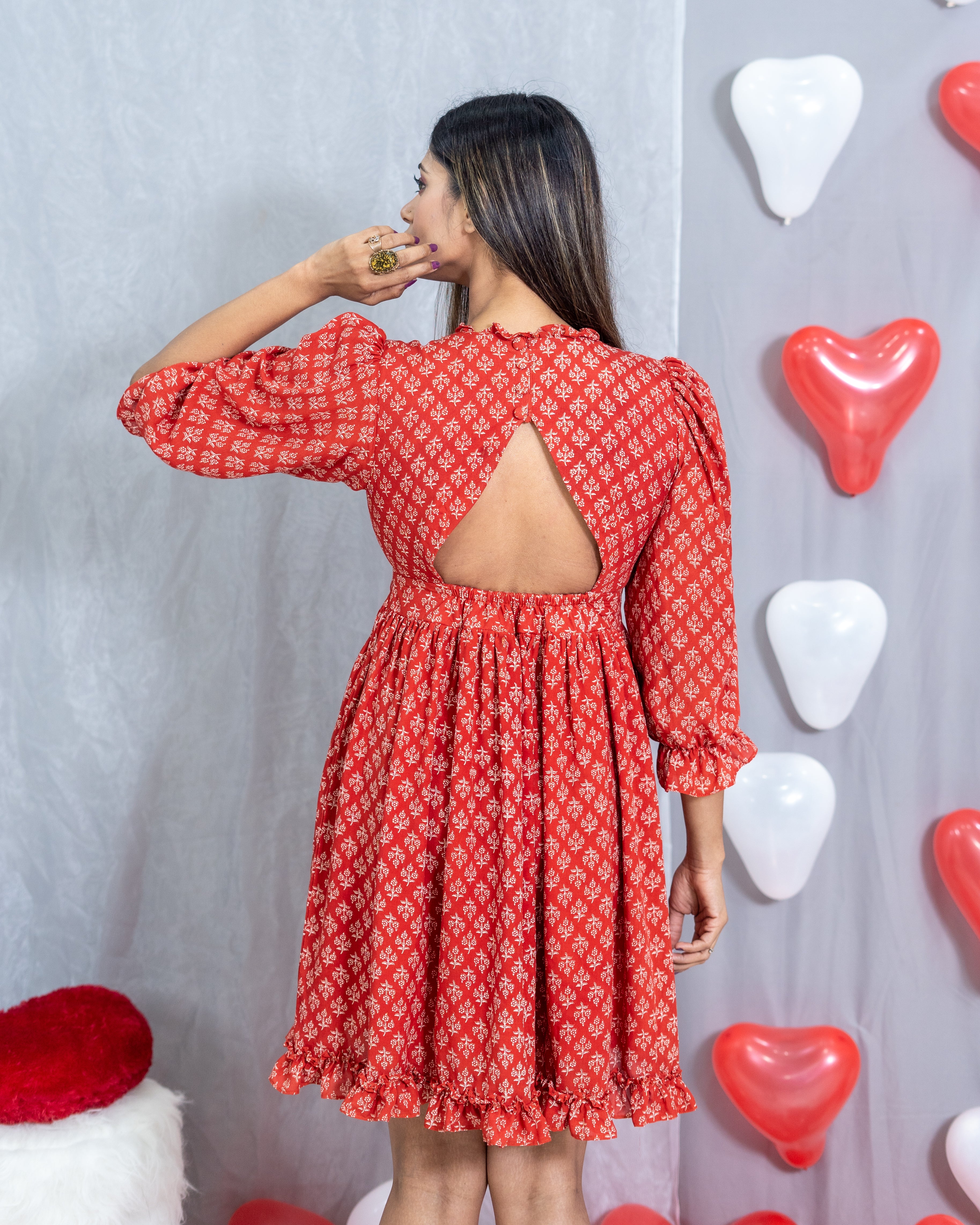 Red Bagru Handblock Printed Modal Cotton Frill Dress