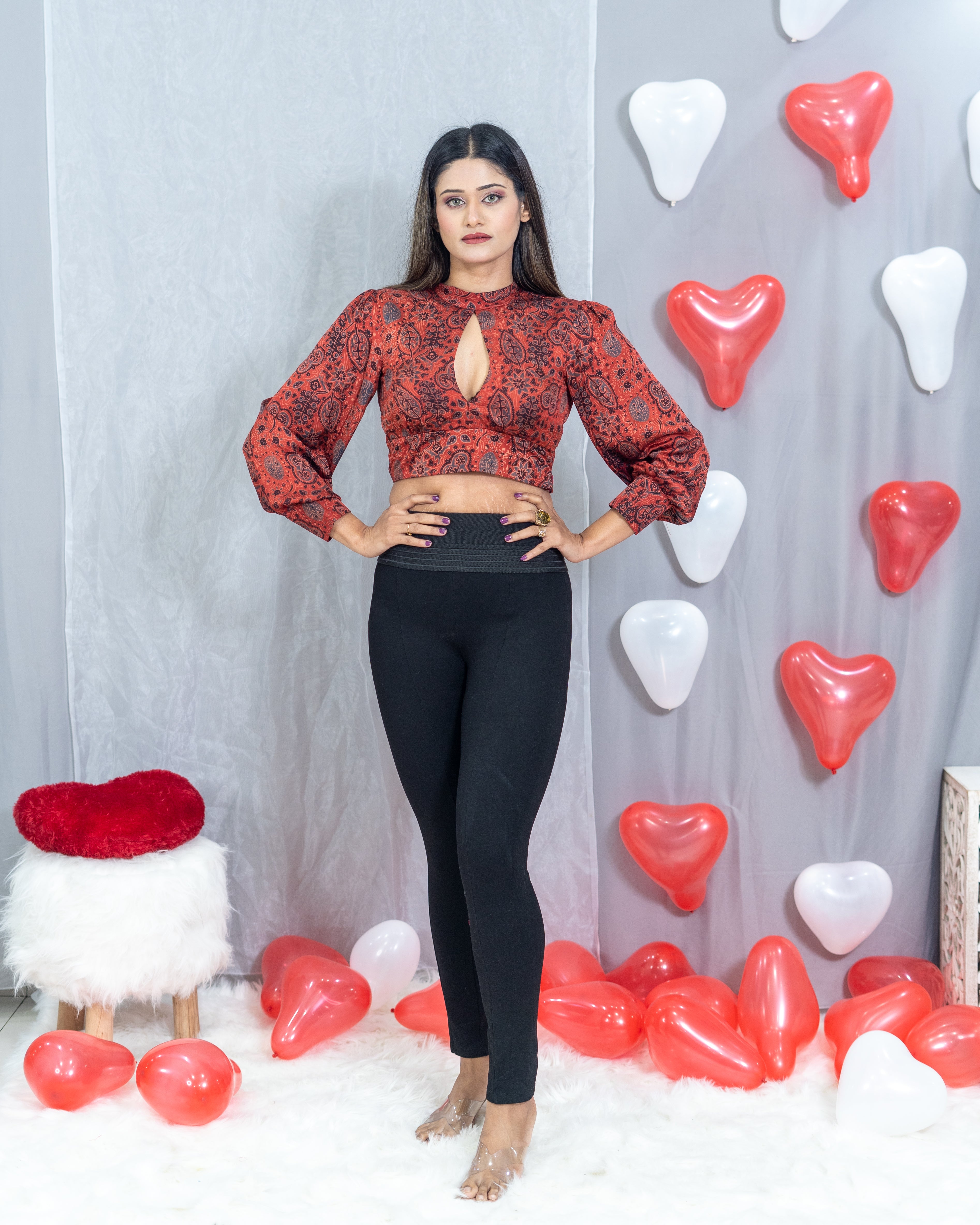 Red Ajrakh Handblock Printed Modal Silk deep neck crop top