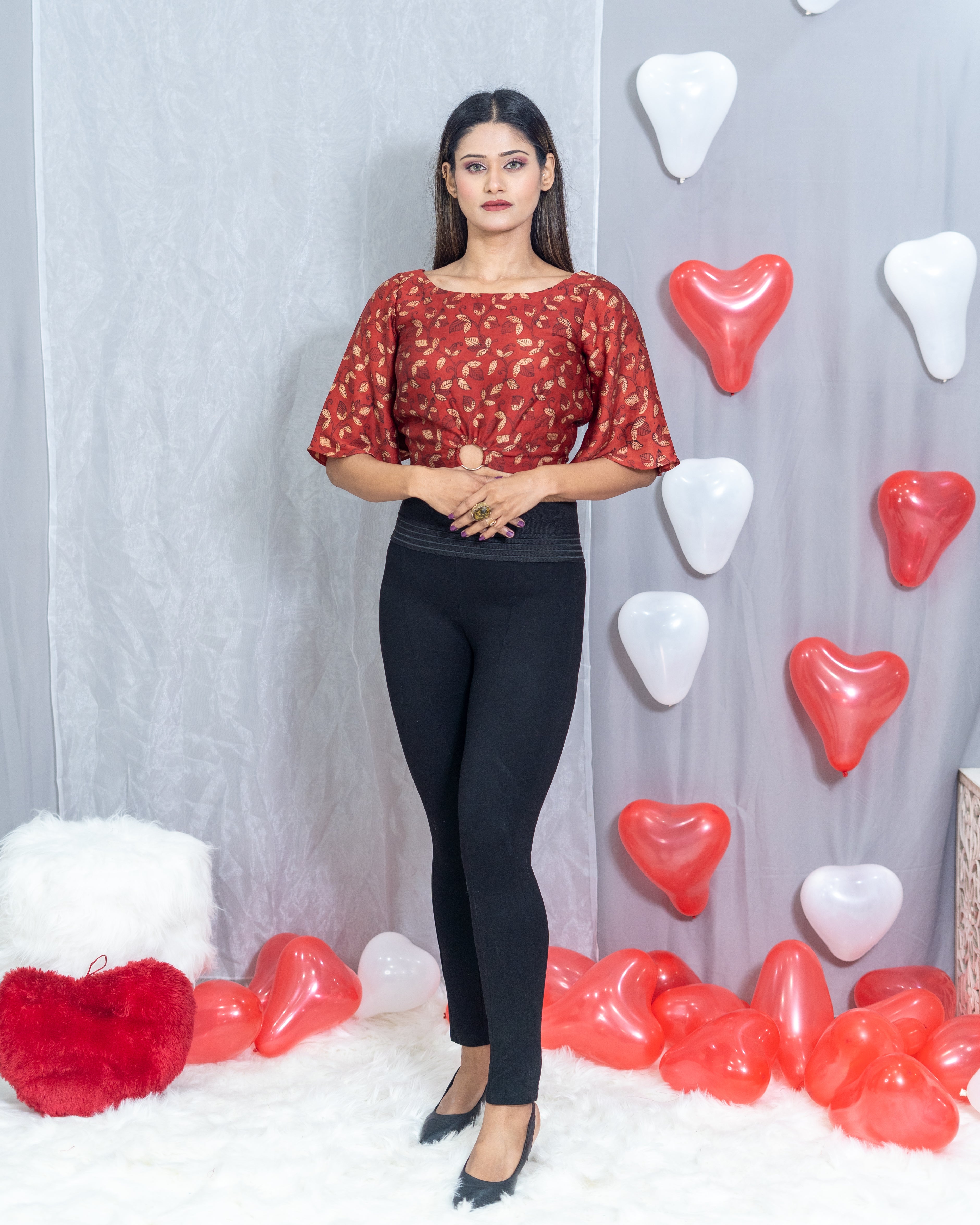 Red Ajrakh Handblock Printed Modal Satin Crop Top with Golden Ring
