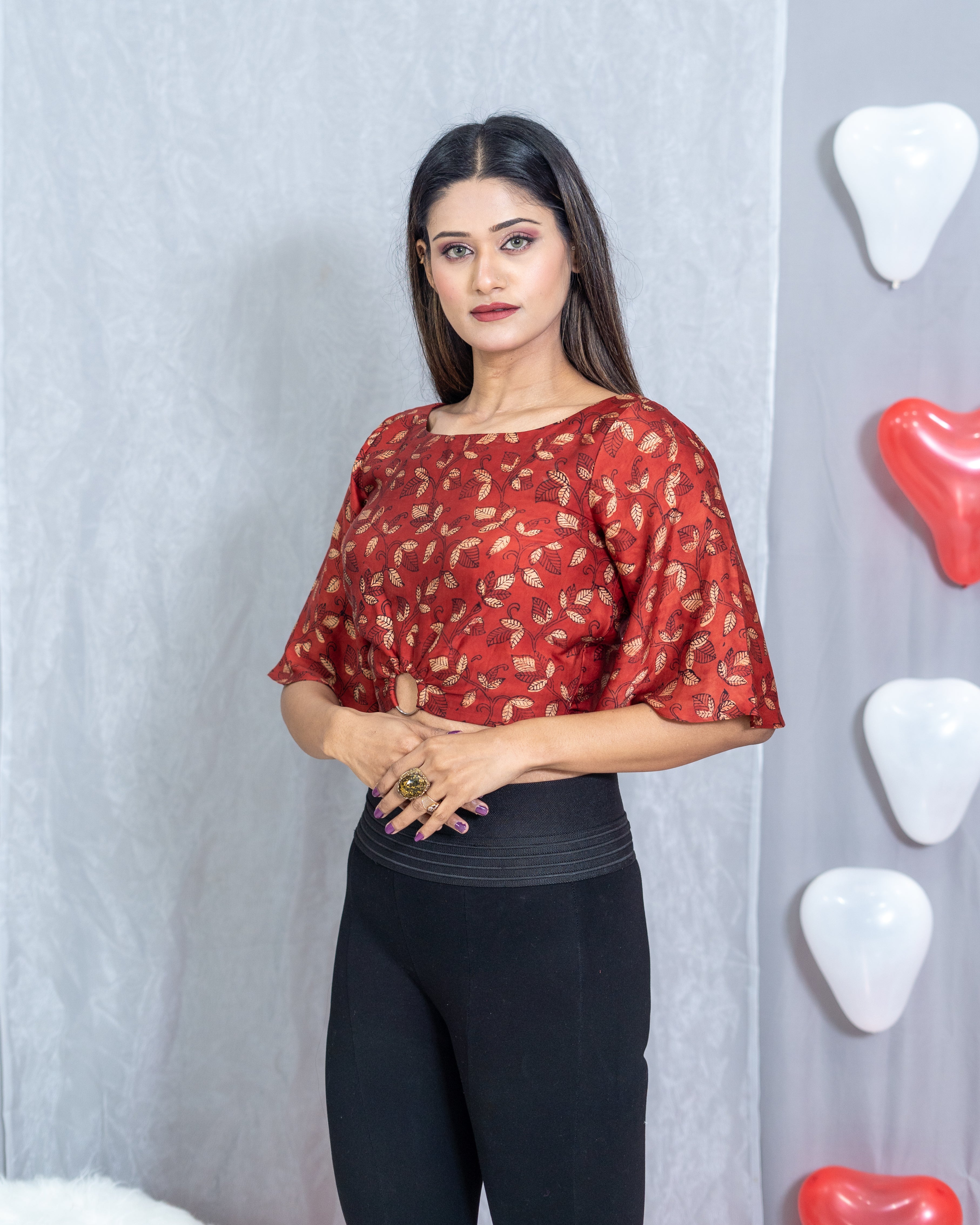 Red Ajrakh Handblock Printed Modal Satin Crop Top with Golden Ring