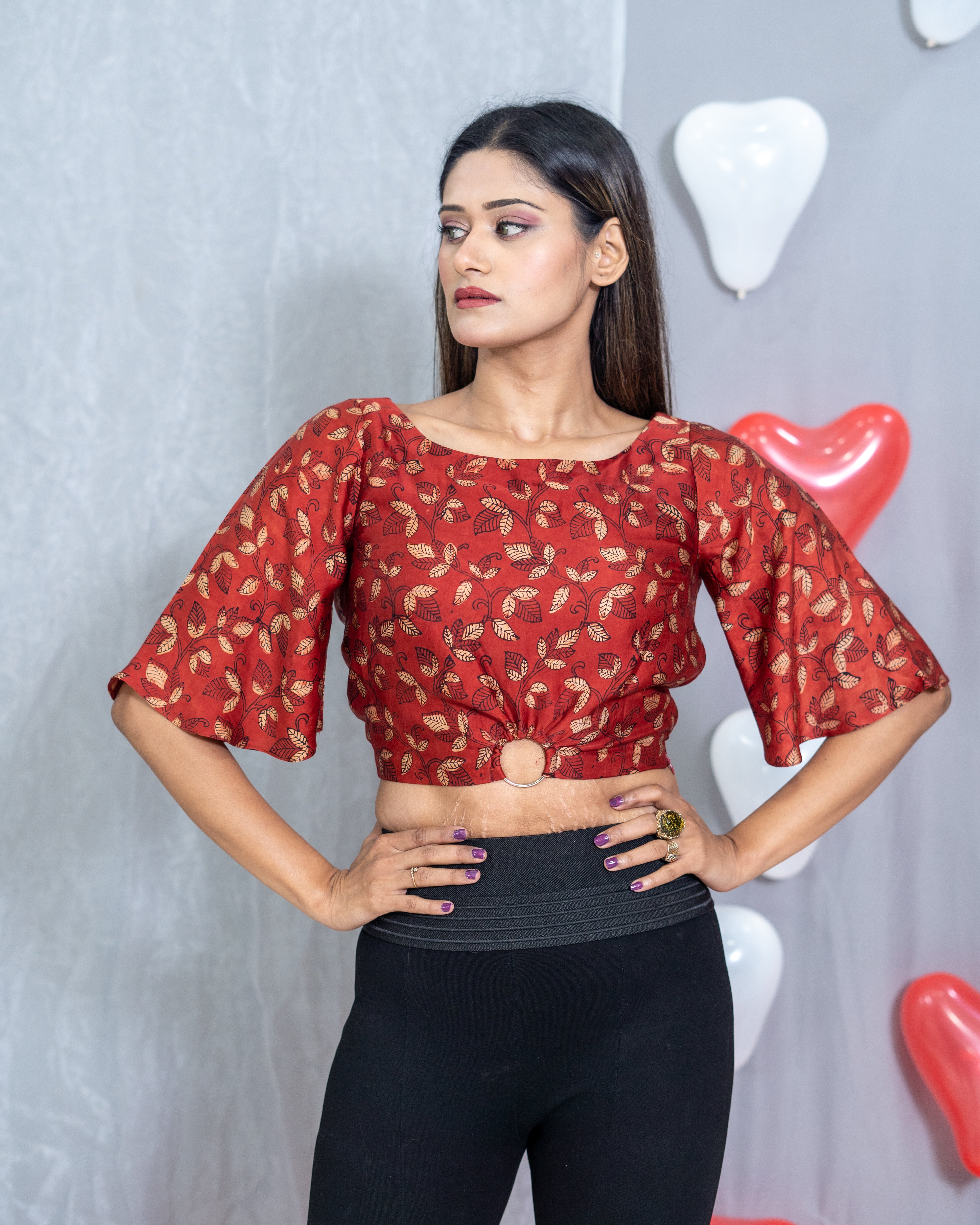 Red Ajrakh Handblock Printed Modal Satin Crop Top with Golden Ring