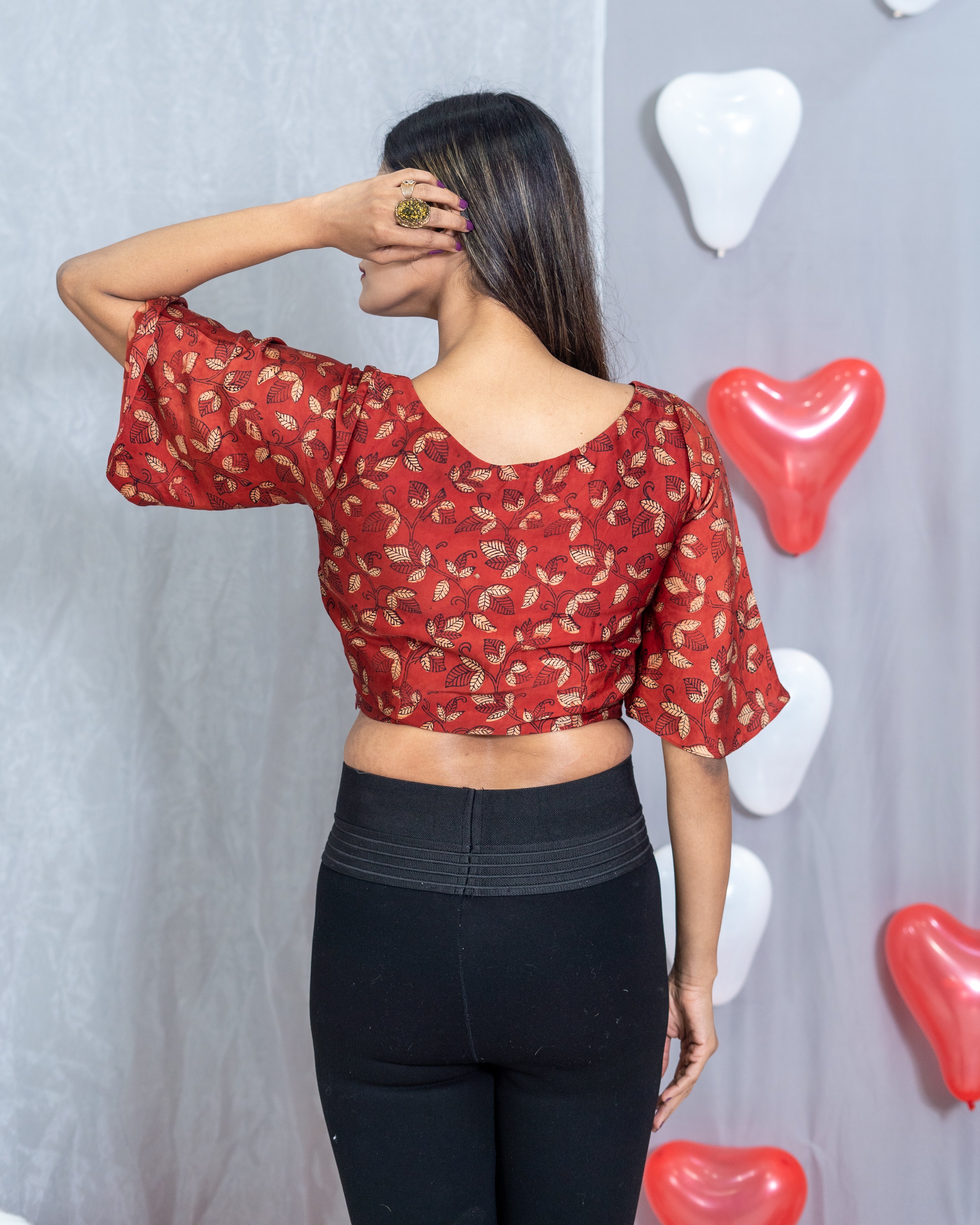 Red Ajrakh Handblock Printed Modal Satin Crop Top with Golden Ring