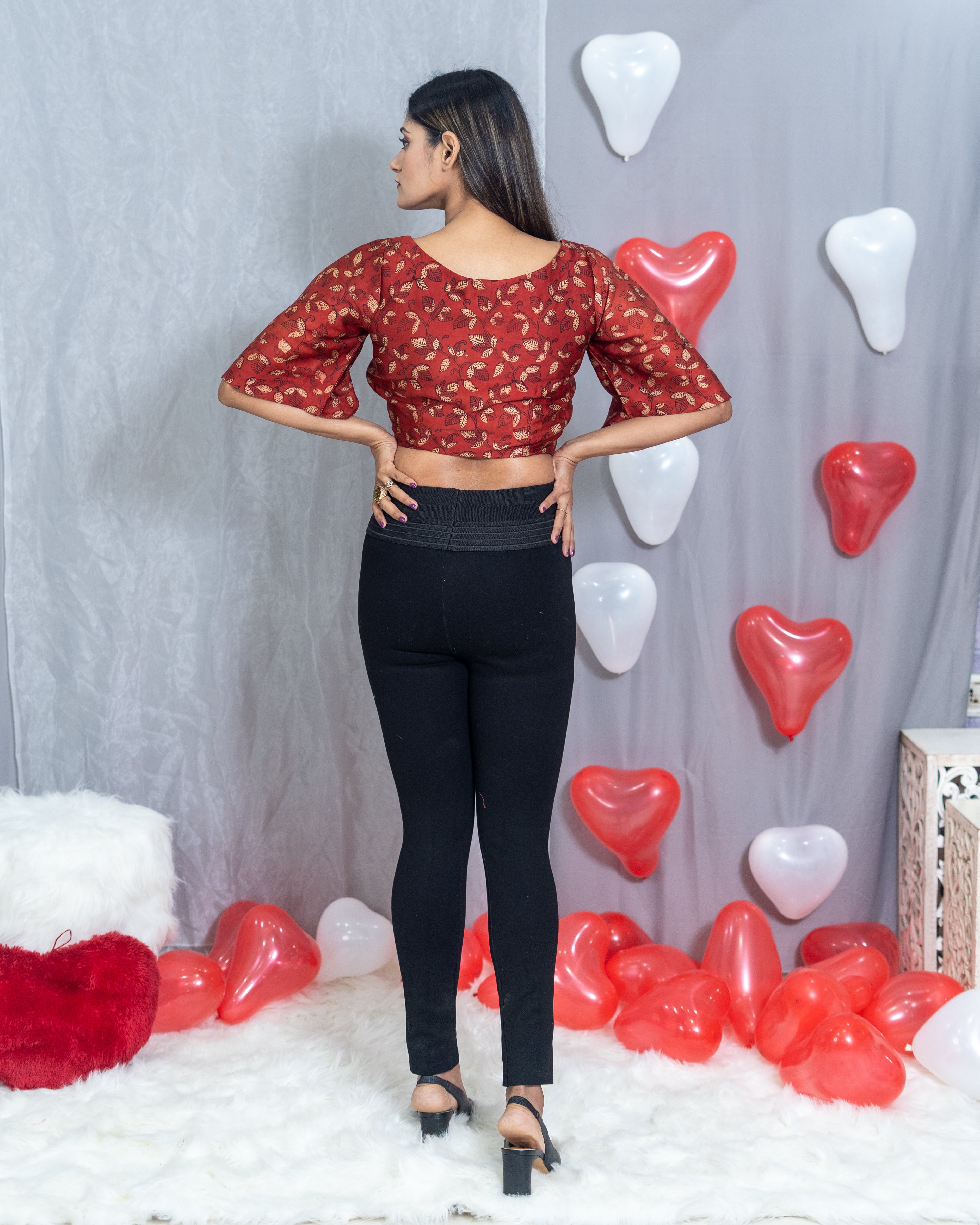 Red Ajrakh Handblock Printed Modal Satin Crop Top with Golden Ring