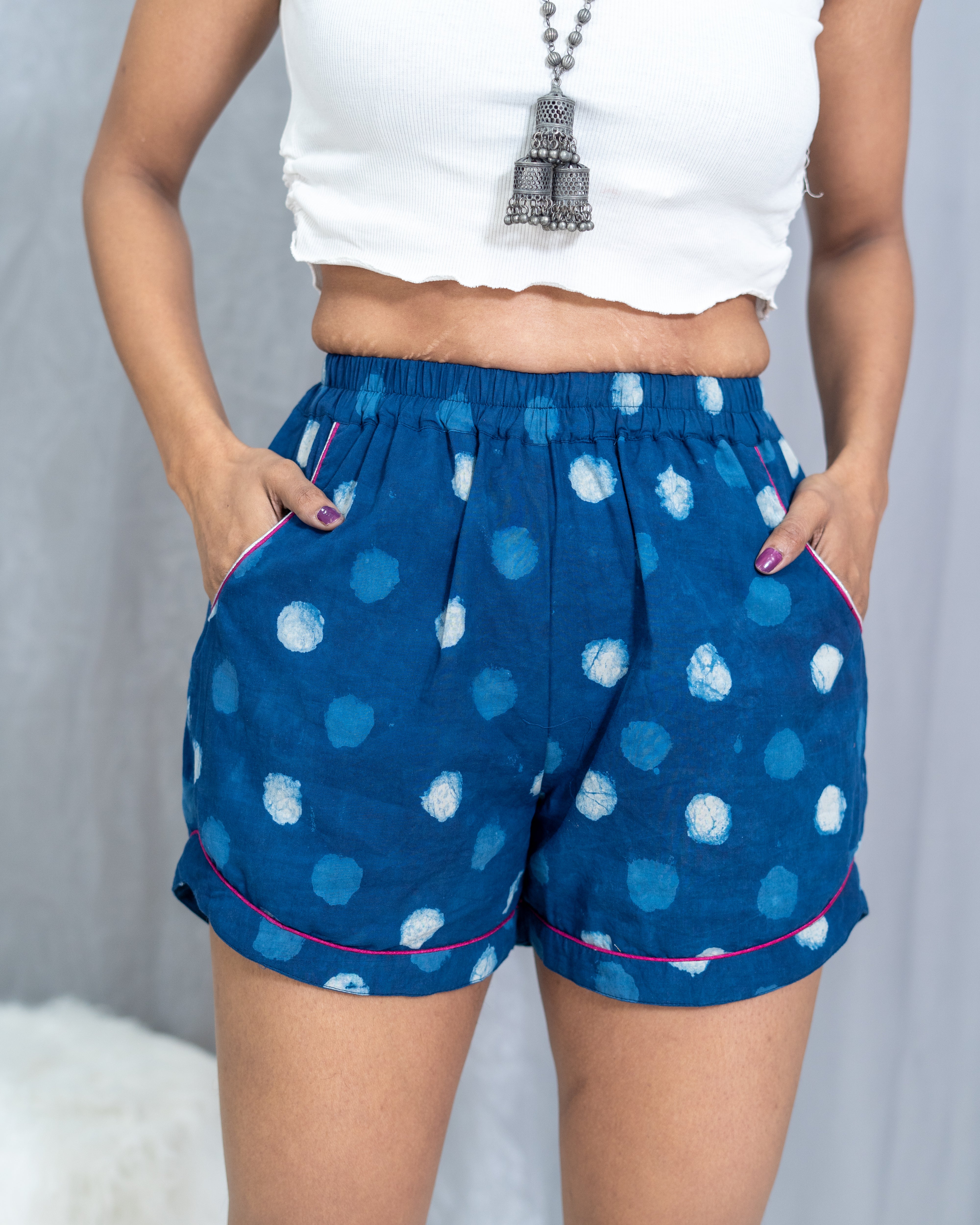 Indigo dabu polka dots cotton shorts