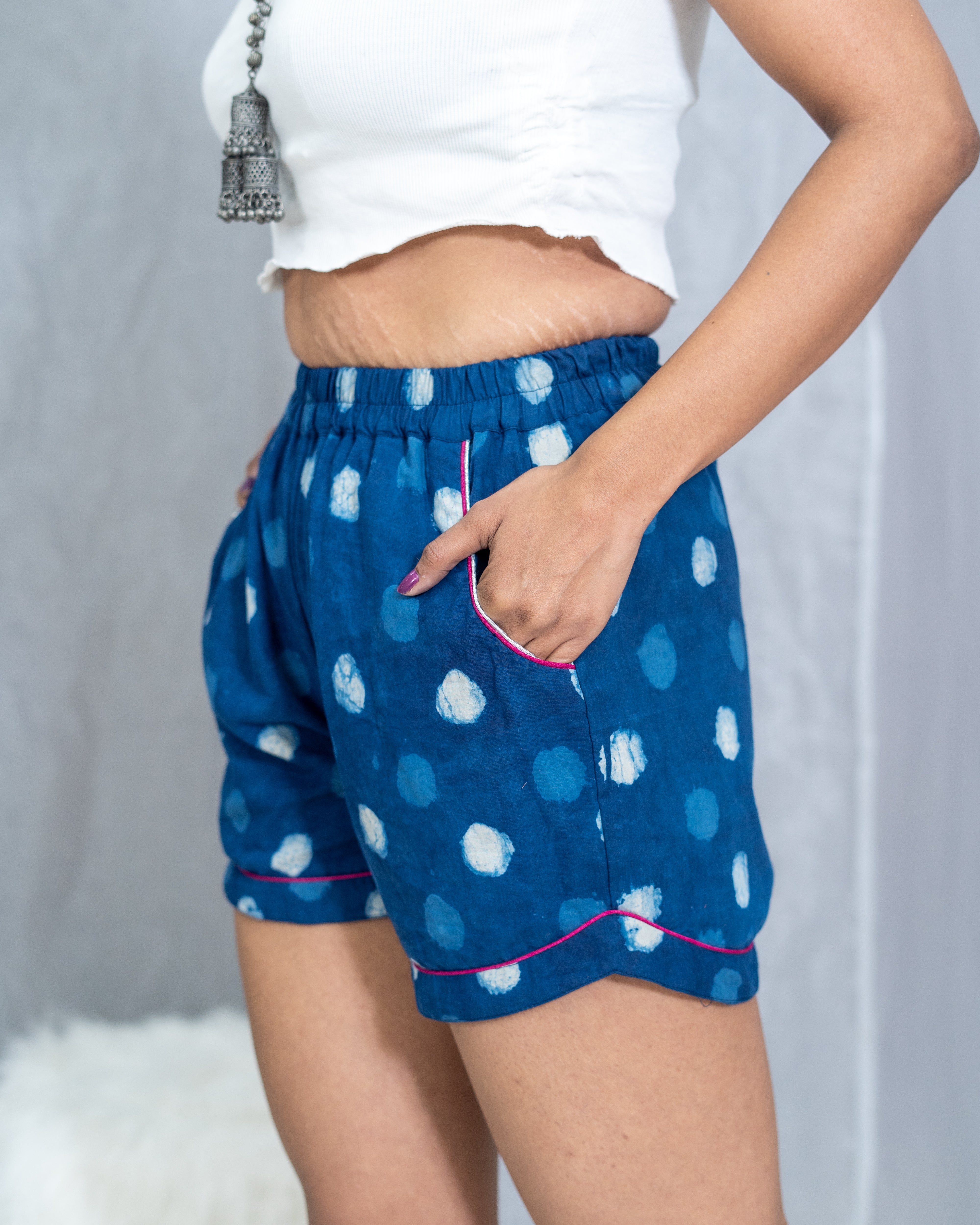 Indigo dabu polka dots cotton shorts