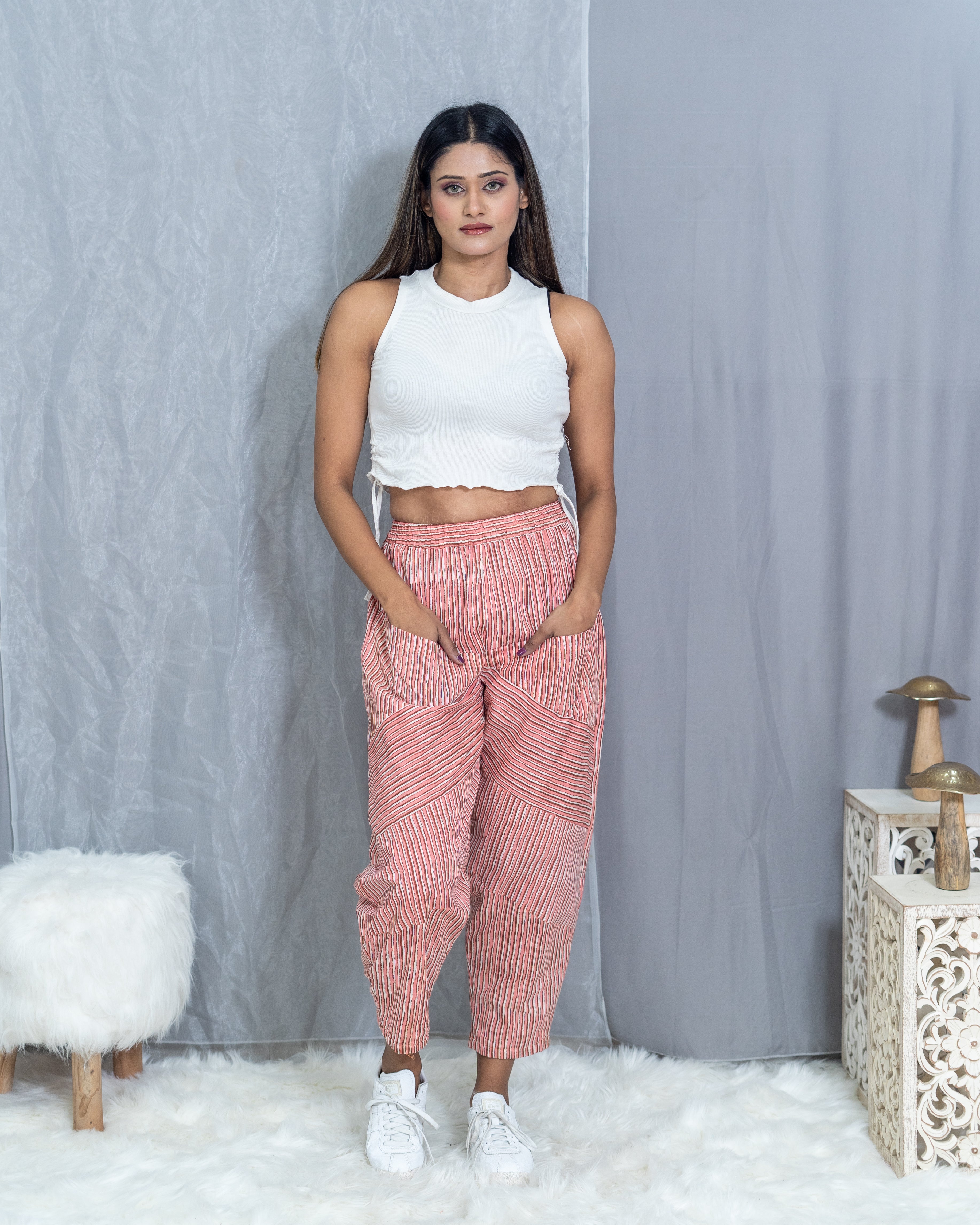 Peach Dabu Handblock Striped Cotton Pants