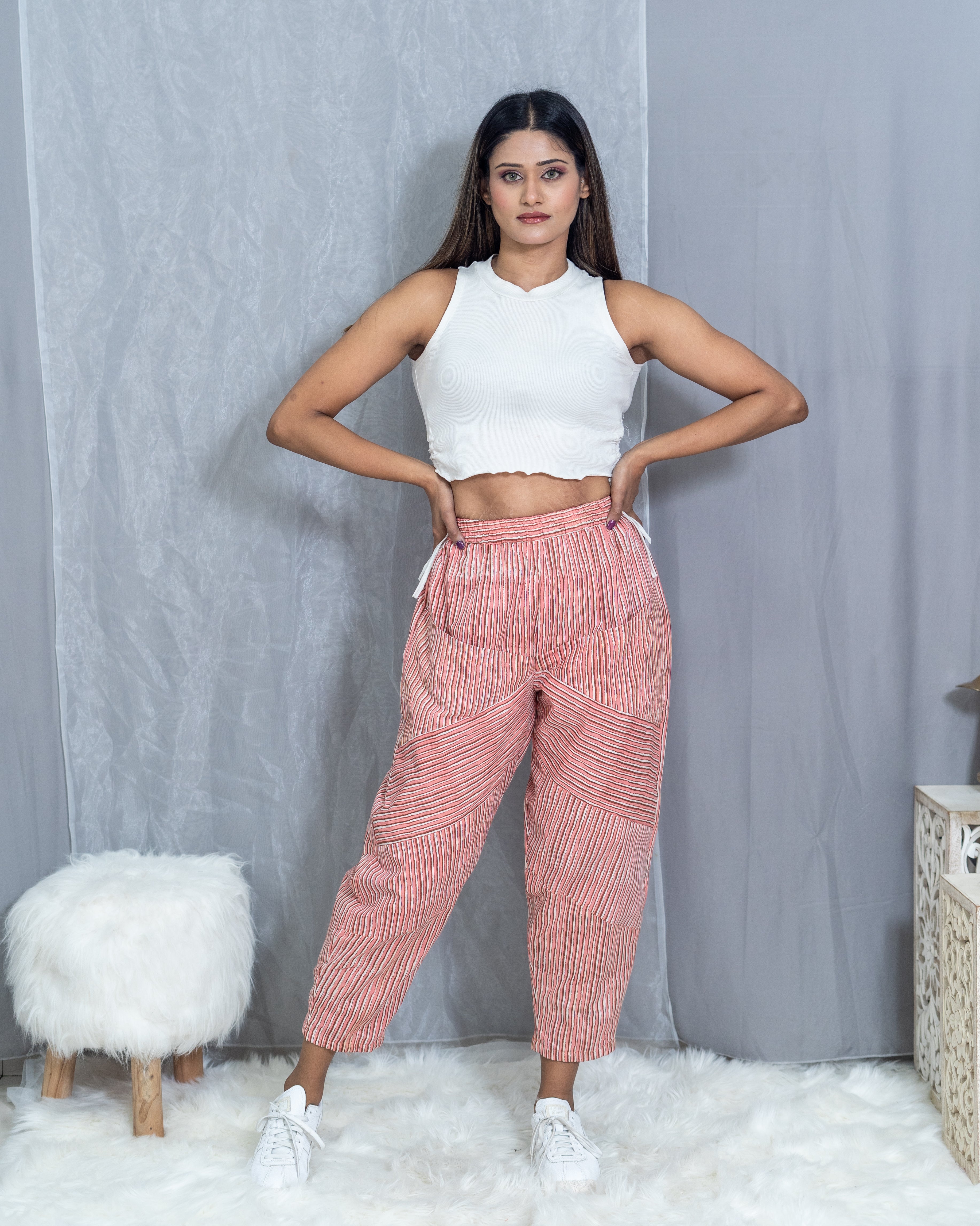 Peach Dabu Handblock Striped Cotton Pants