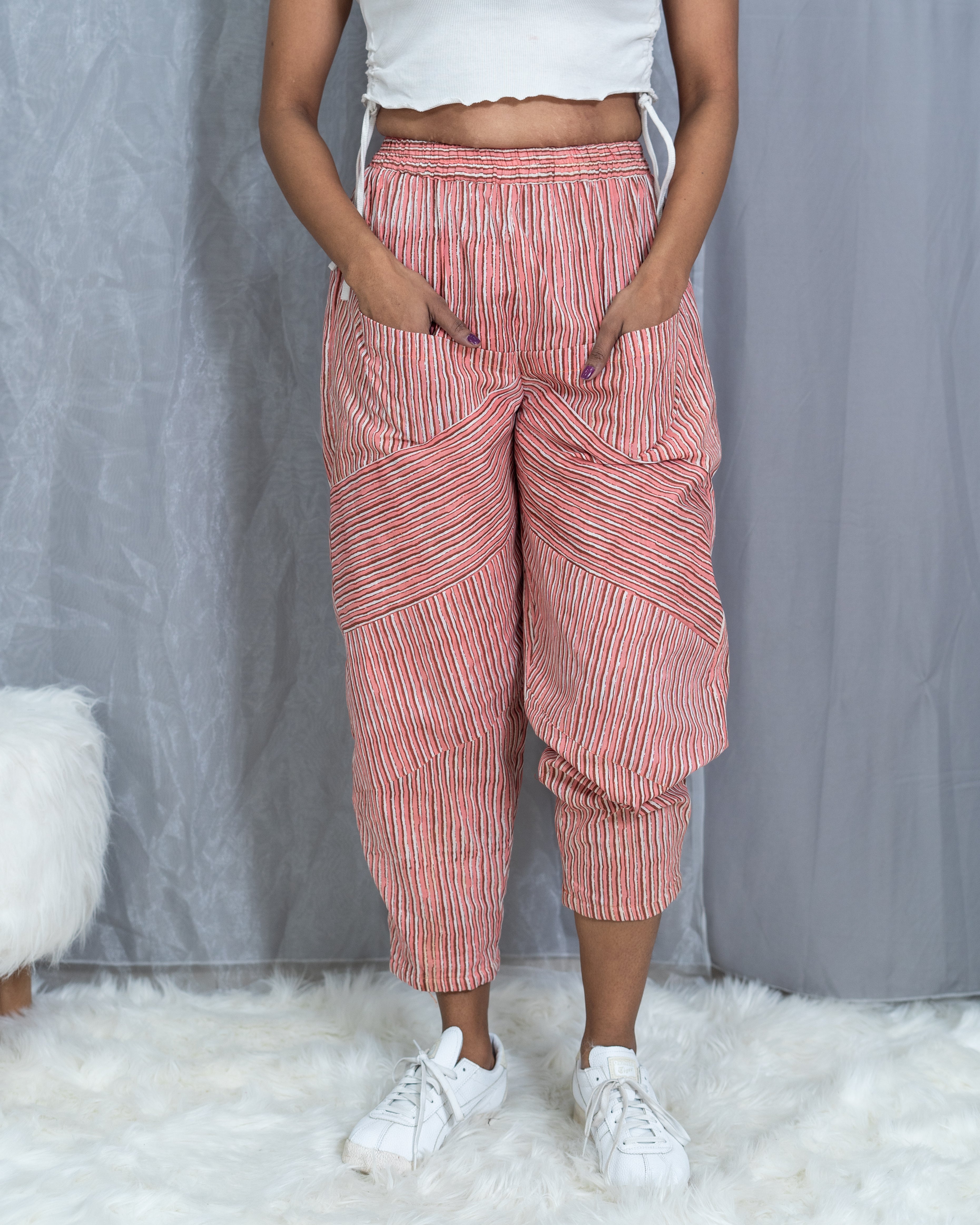 Peach Dabu Handblock Striped Cotton Pants