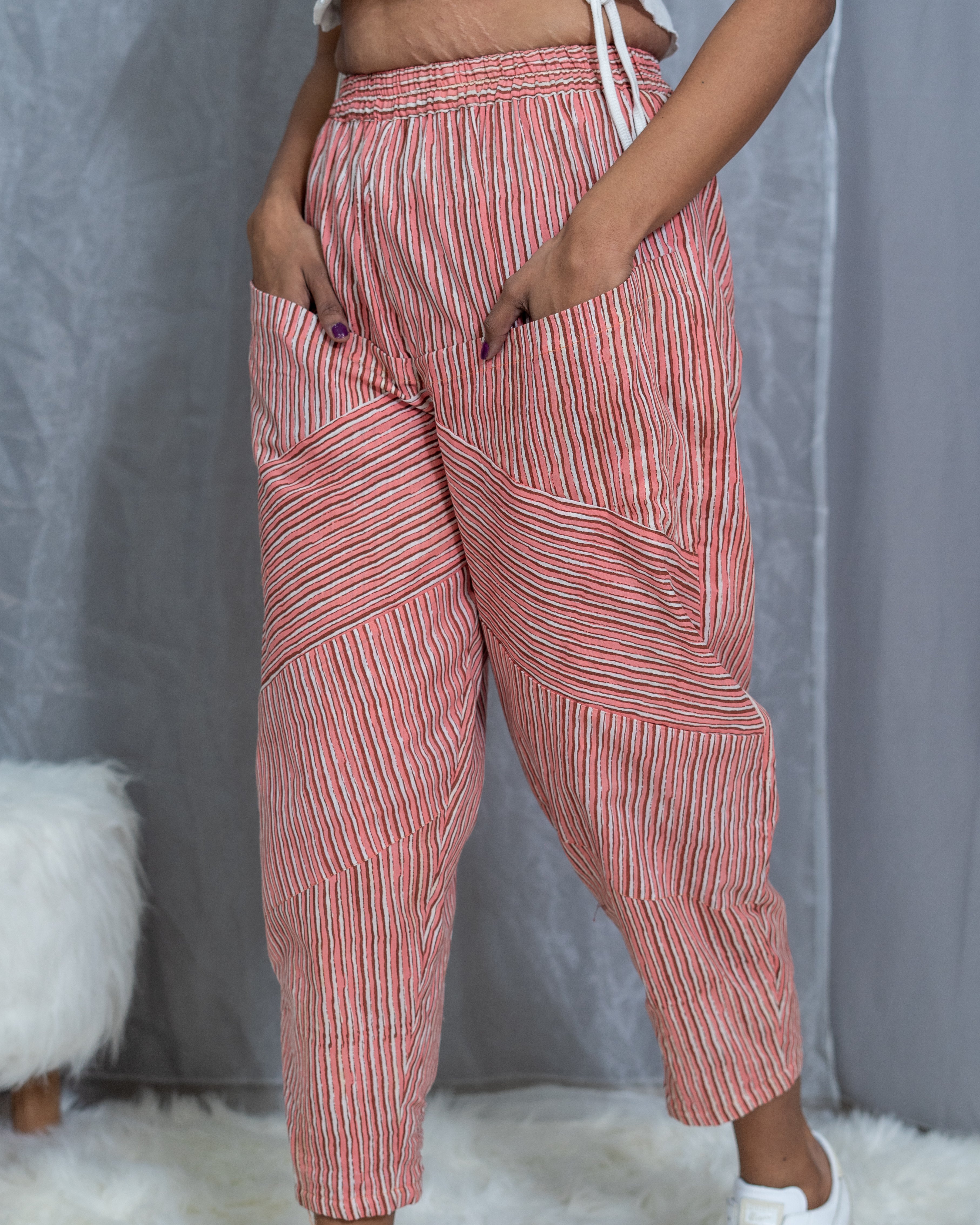Peach Dabu Handblock Striped Cotton Pants
