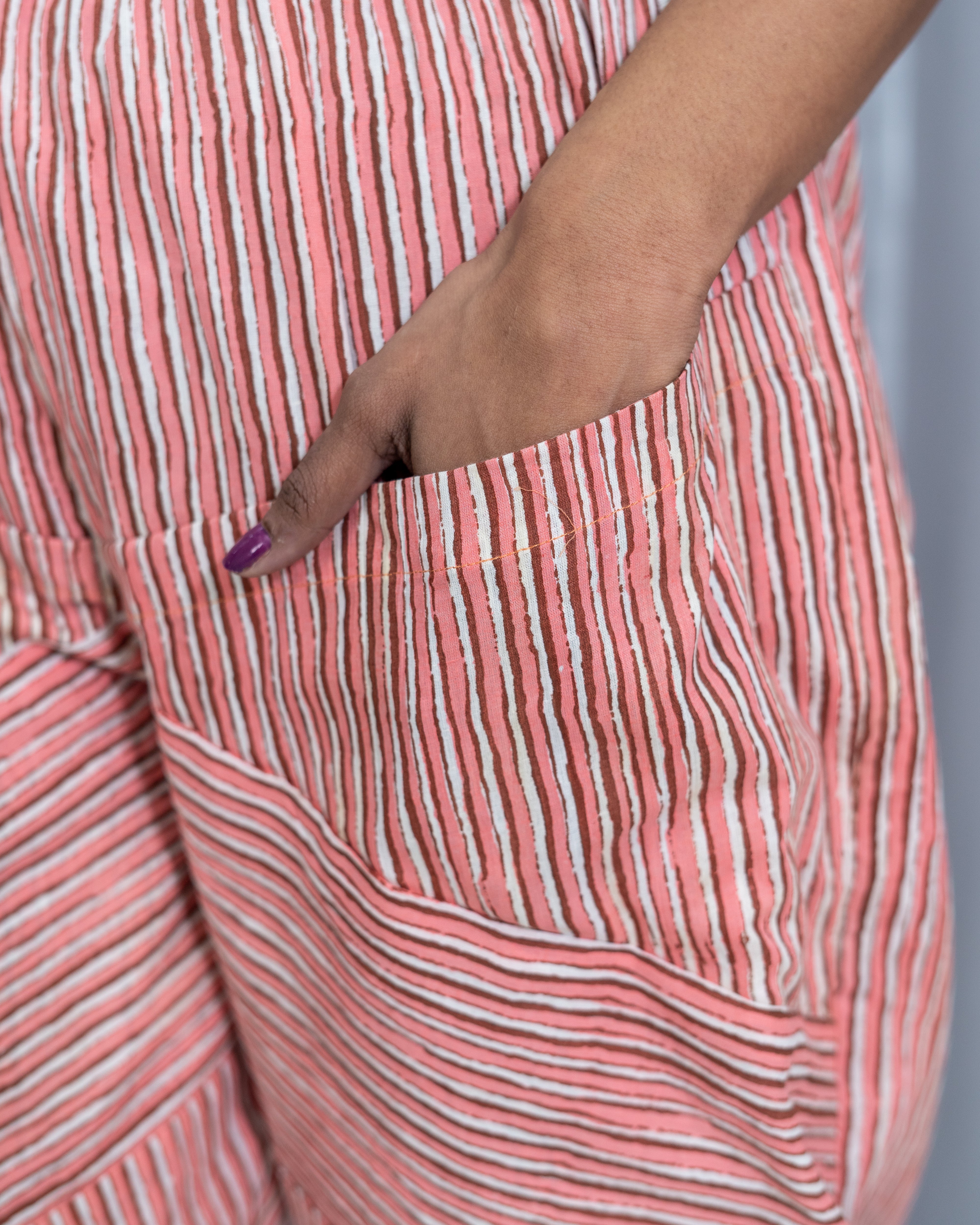 Peach Dabu Handblock Striped Cotton Pants