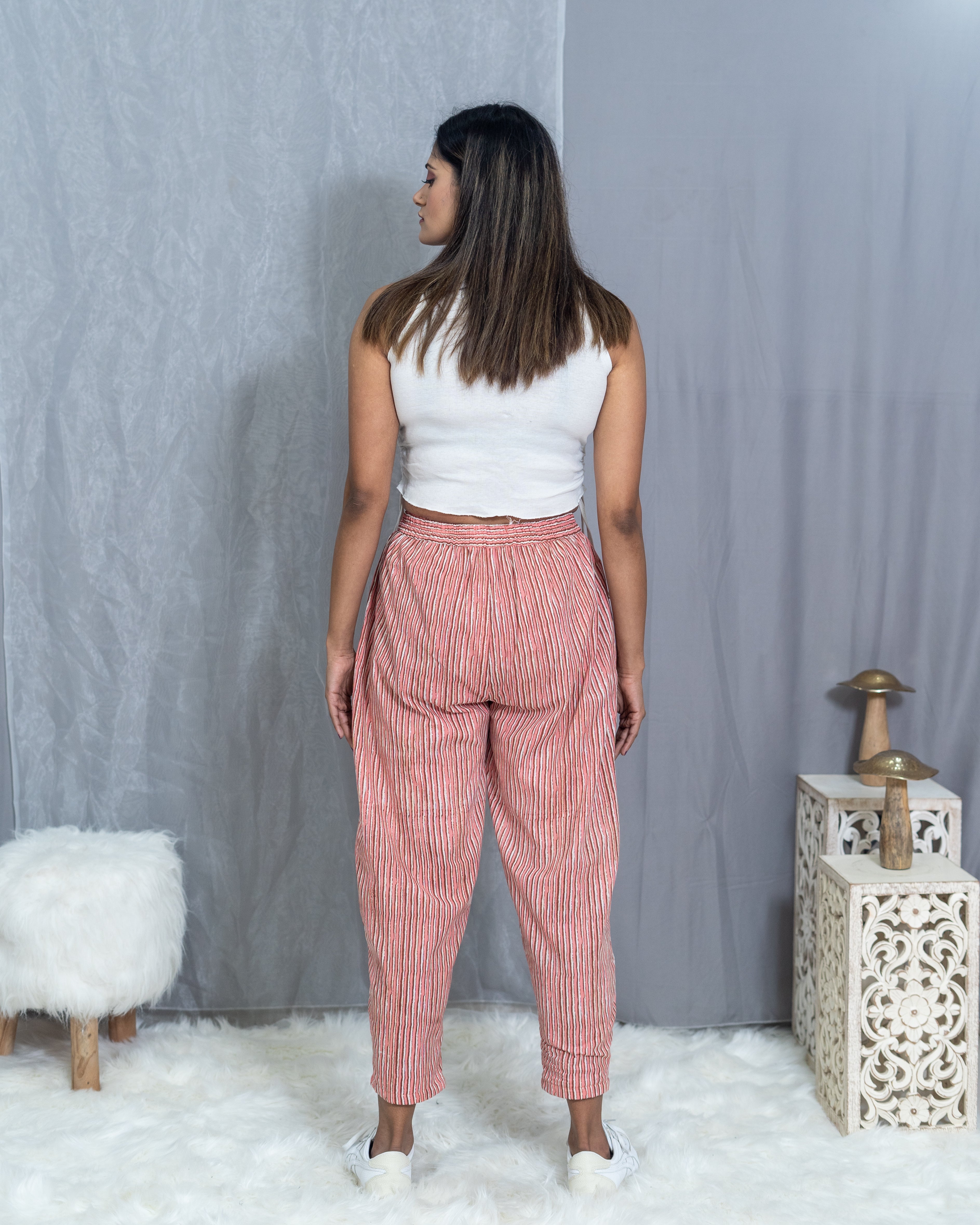 Peach Dabu Handblock Striped Cotton Pants
