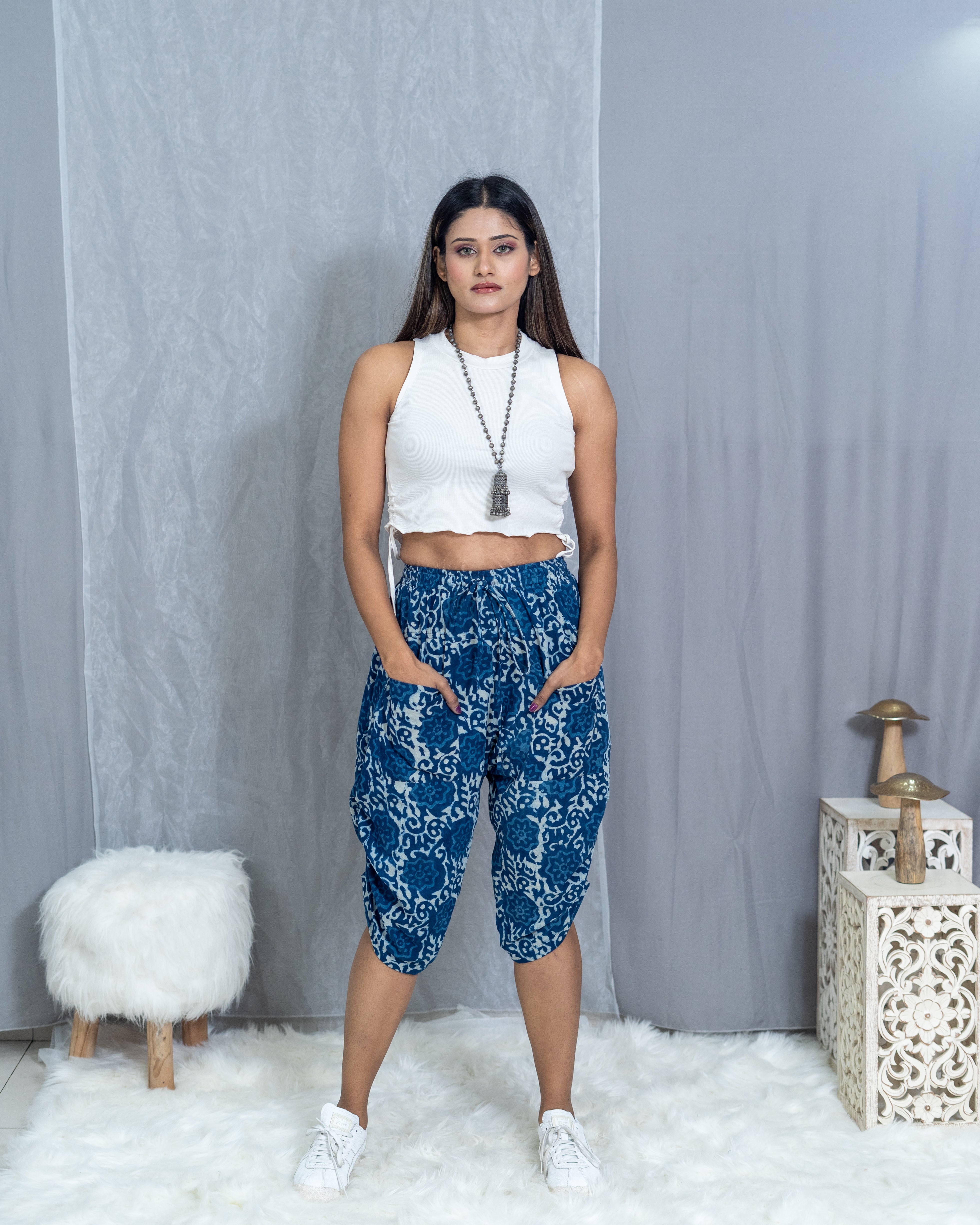 Indigo Dabu Floral Handblock printed cotton pants