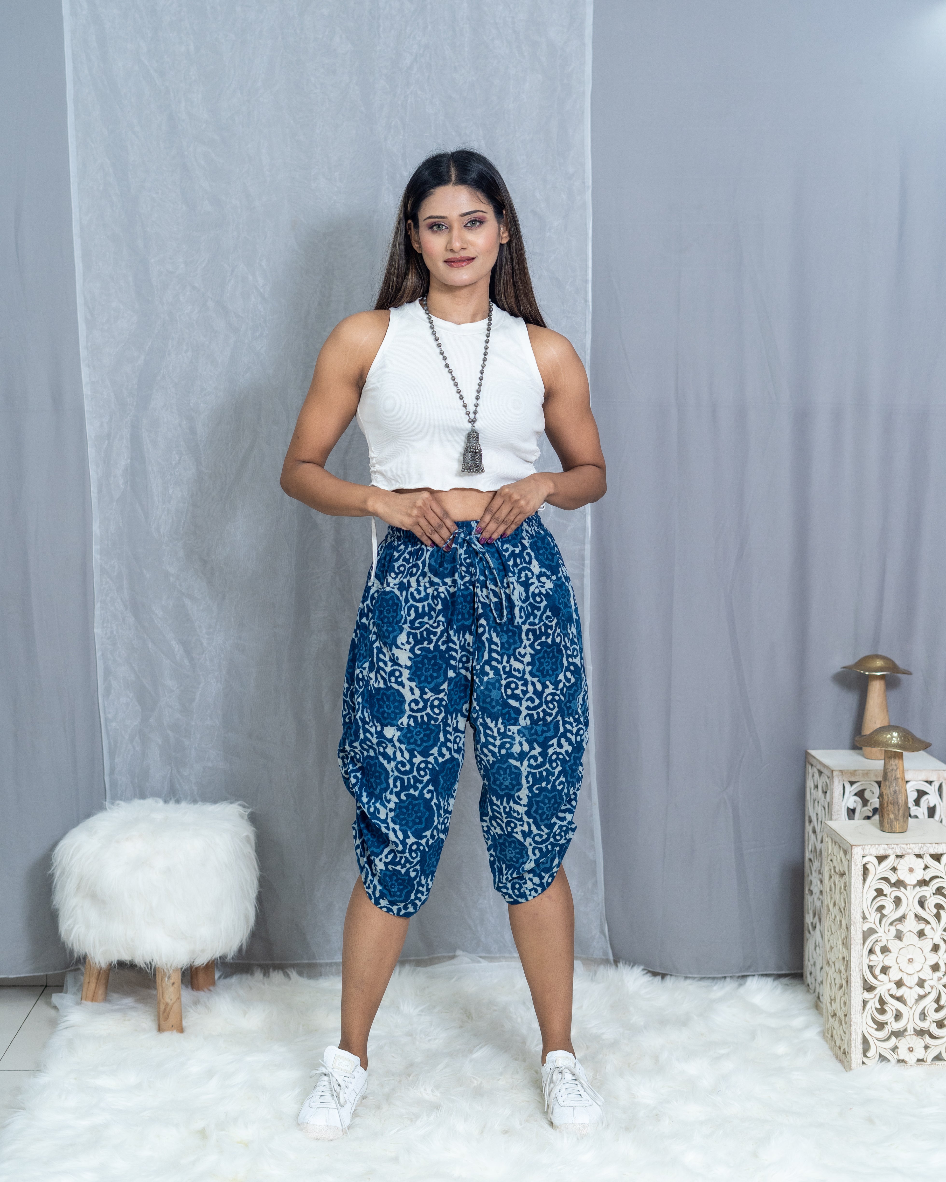 Indigo Dabu Floral Handblock printed cotton pants